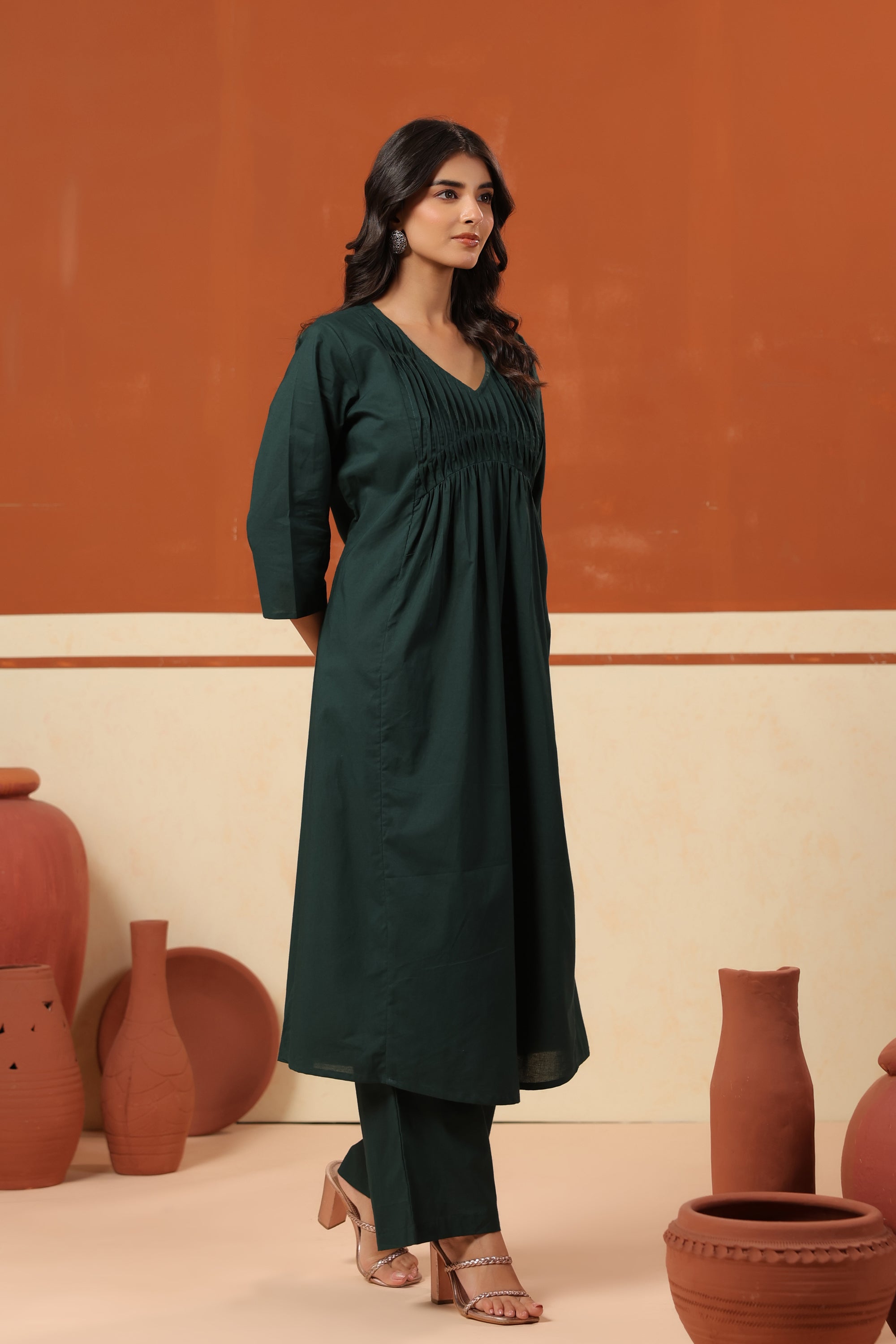 Green Cotton Solid Pleated Yoke V-Neck Kurta Pant Set