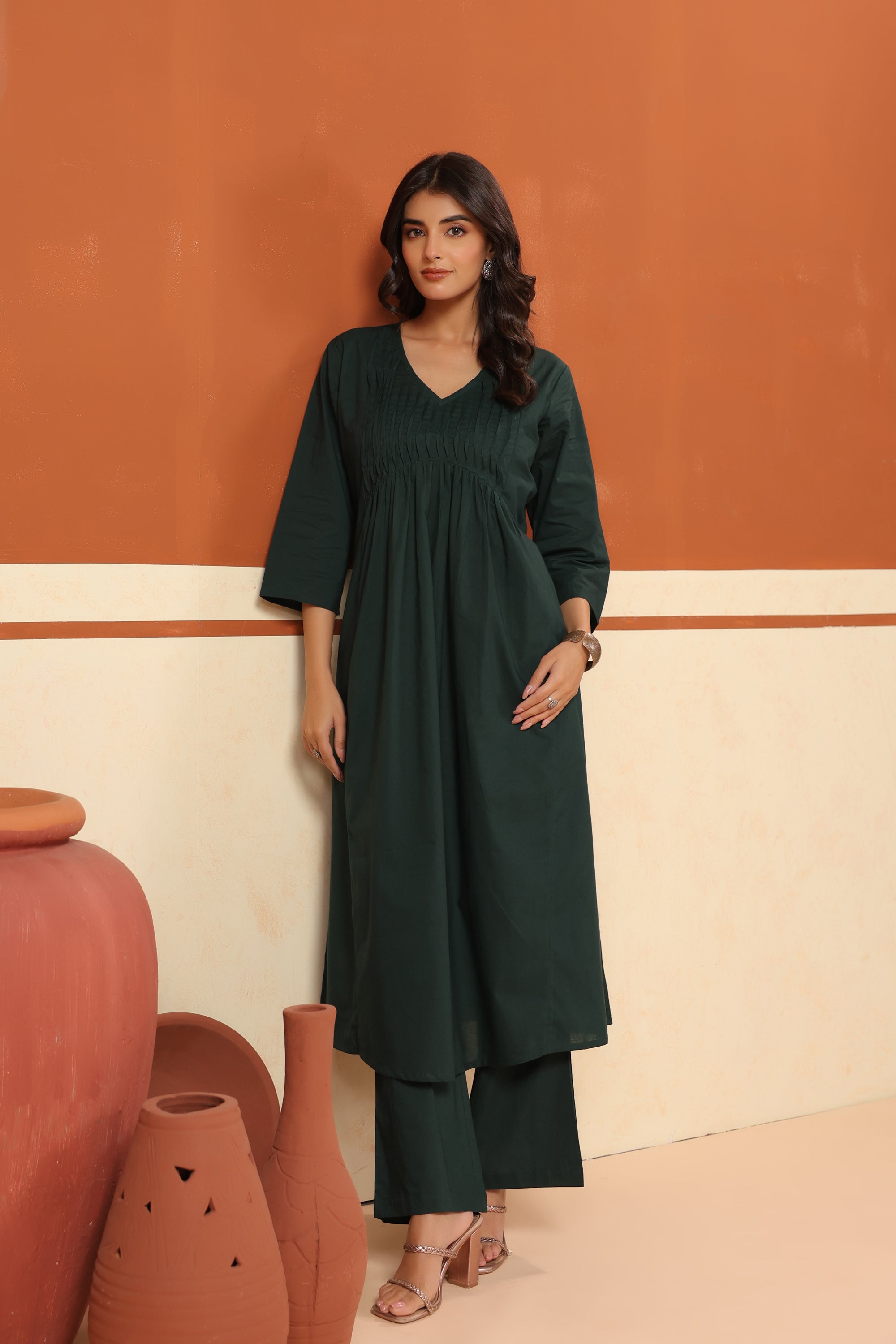 Green Cotton Solid Pleated Yoke V-Neck Kurta Pant Set