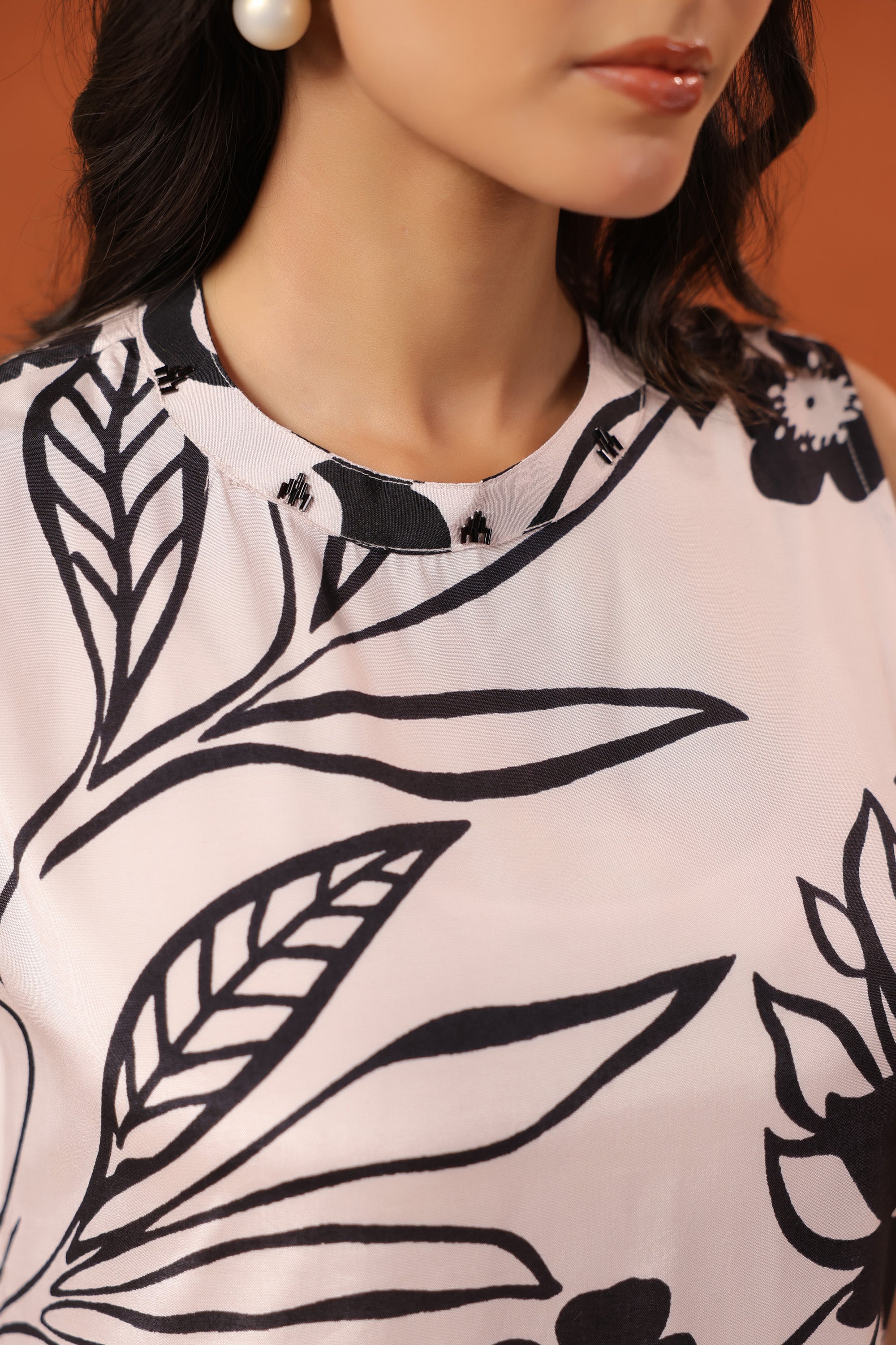 Ivory Black Floral Printed Sleeveless Top Pant RussianSilk Co-ord Set