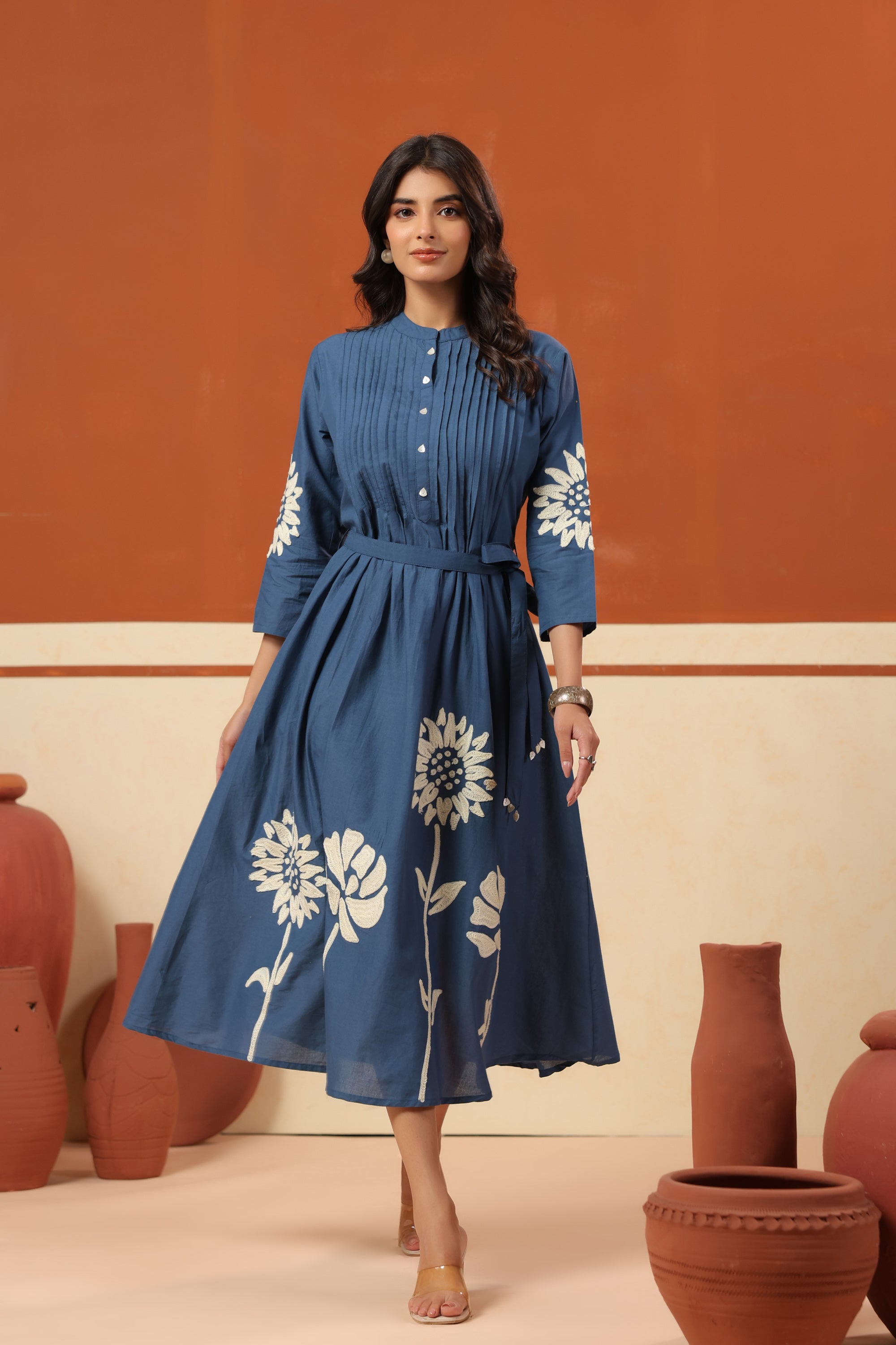 Blue Floral Motif Embroidered Cotton Belted Fit & Flare Midi Dress