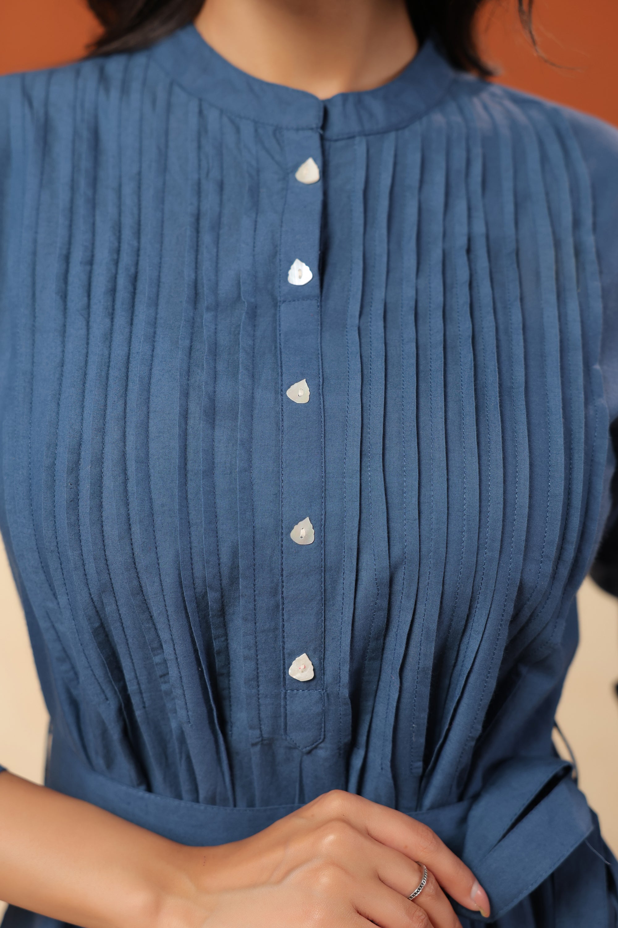 Blue Floral Motif Embroidered Cotton Belted Fit & Flare Midi Dress