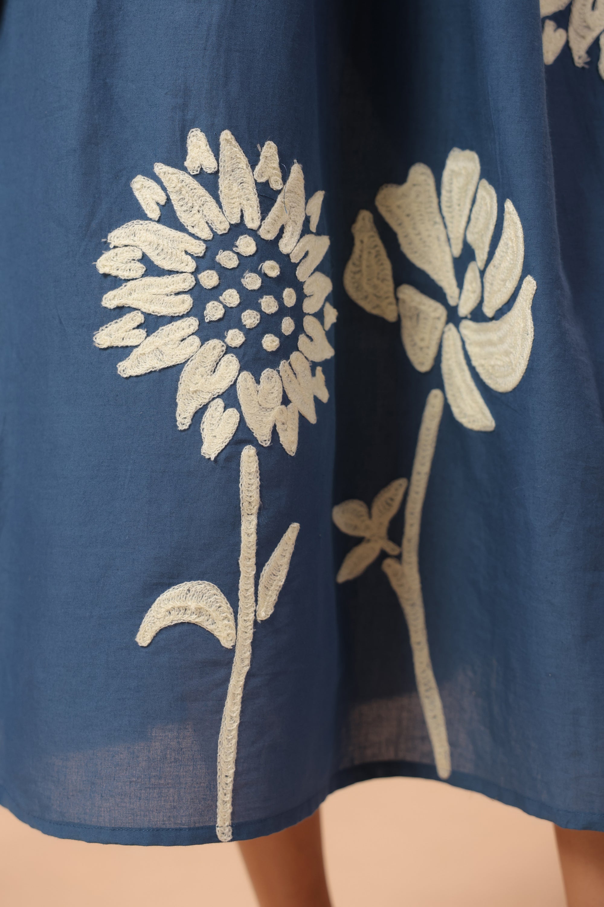 Blue Floral Motif Embroidered Cotton Belted Fit & Flare Midi Dress