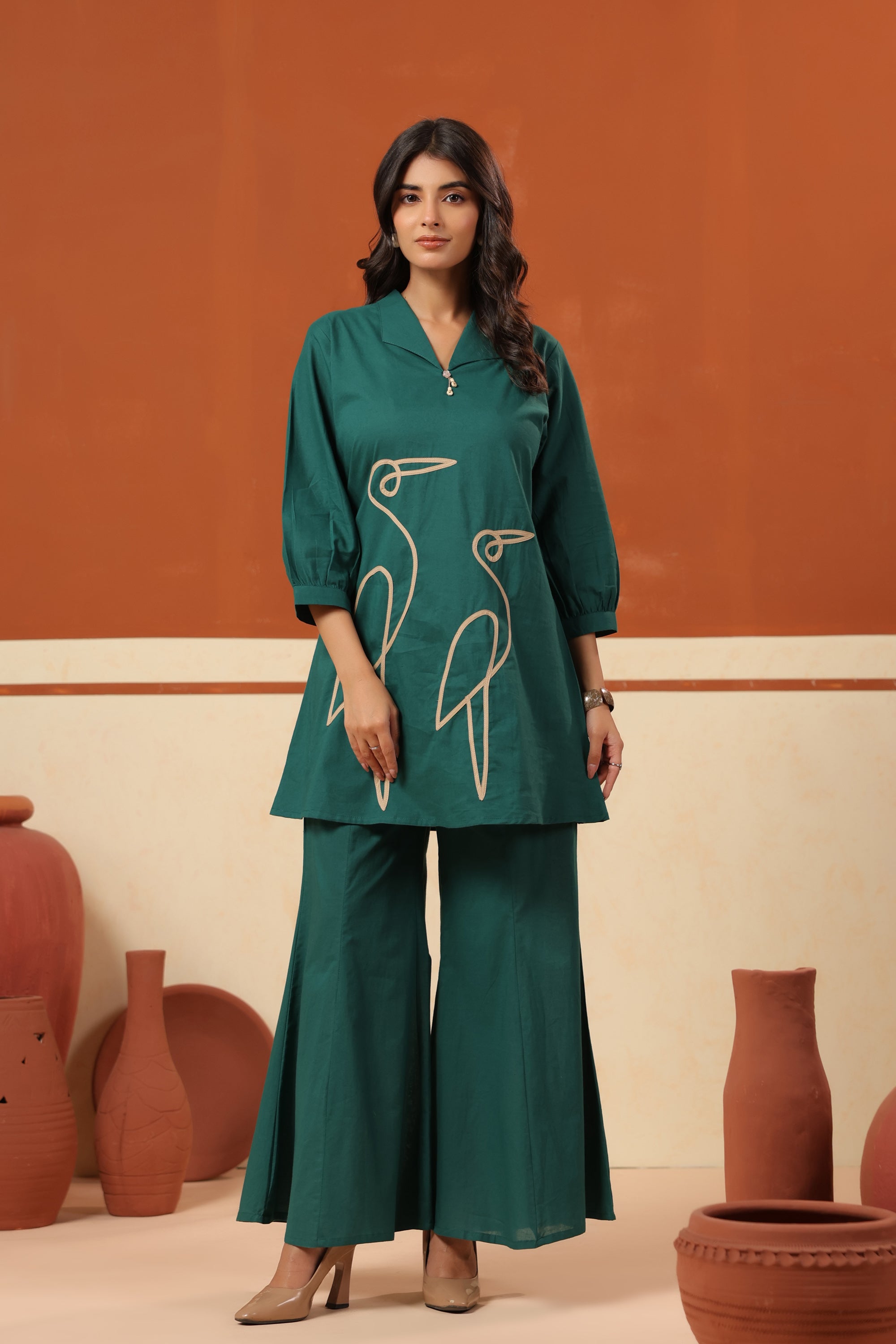 Green Abstract Bird Embroidered Cotton Top Palazzo Co-ord Set