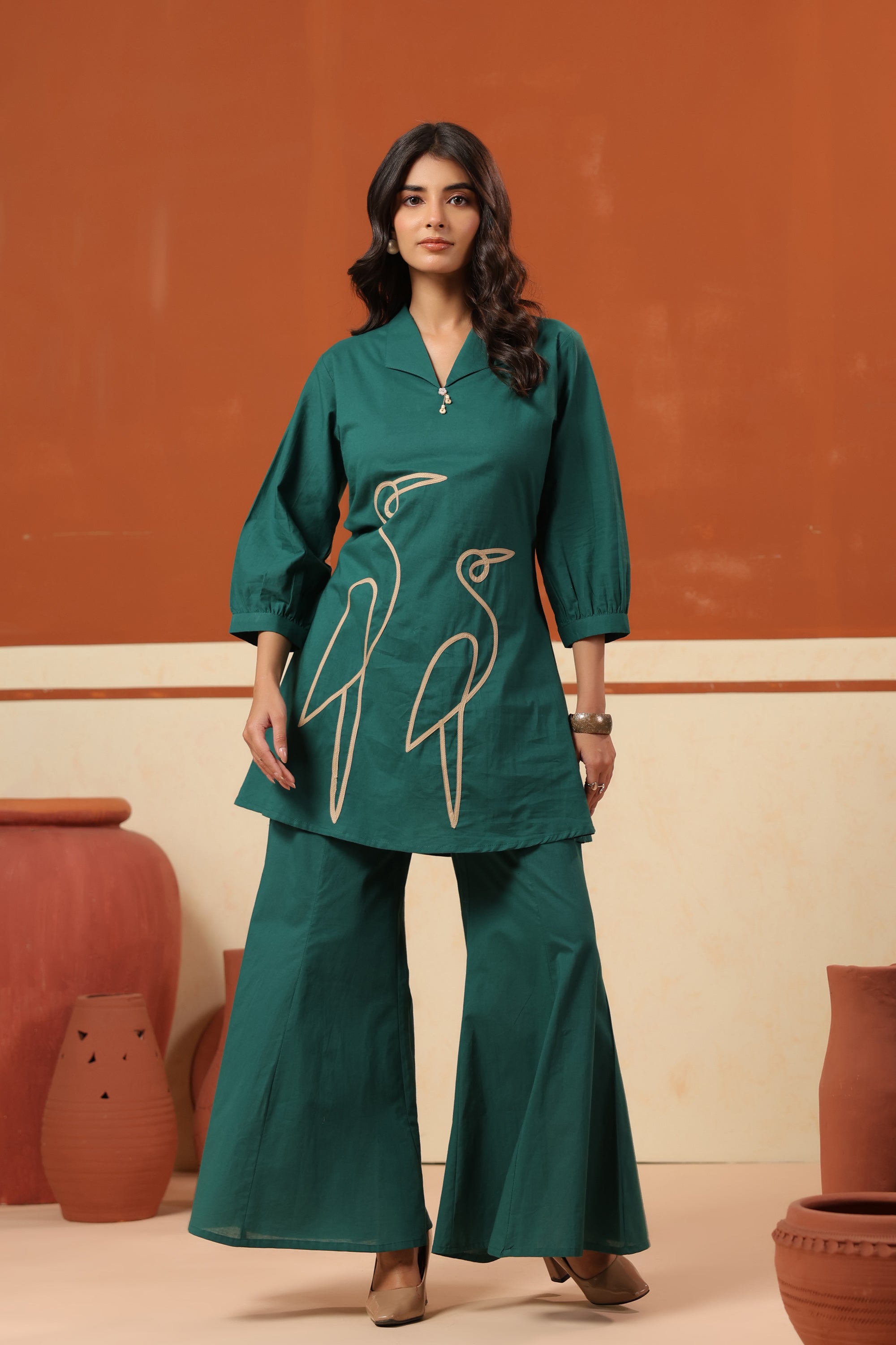 Green Abstract Bird Embroidered Cotton Top Palazzo Co-ord Set