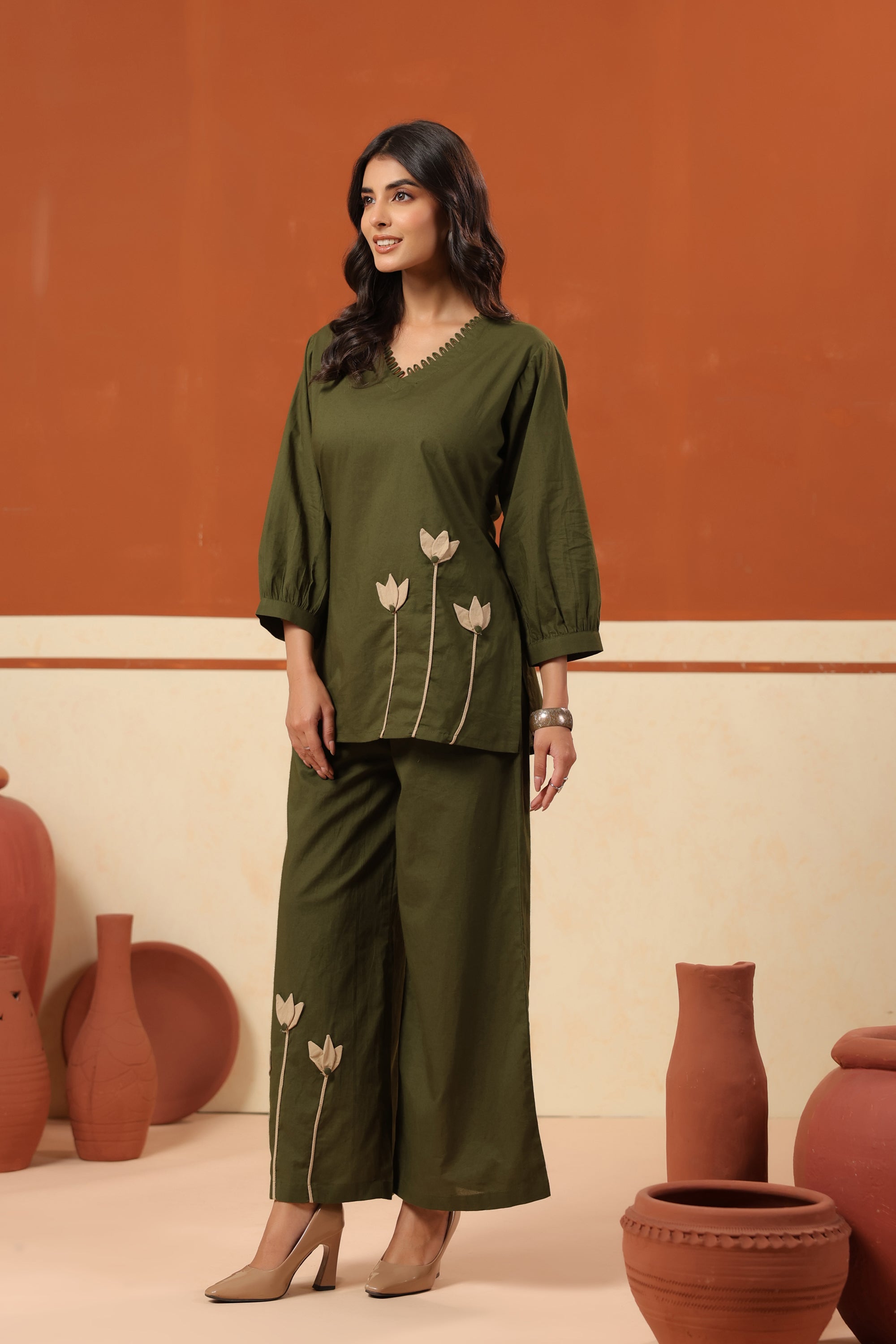 Green Floral Placement Embroidered Cotton Top Palazzo Co-ord Set