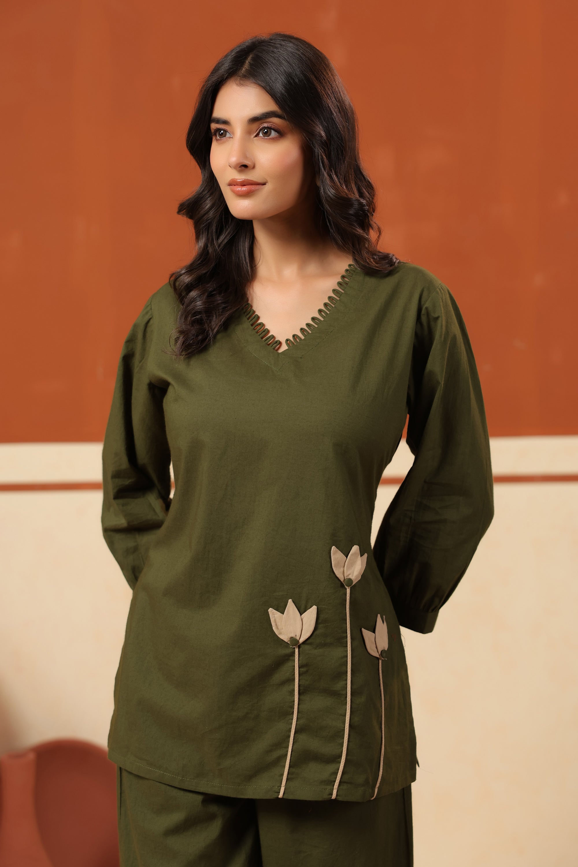 Green Floral Placement Embroidered Cotton Top Palazzo Co-ord Set