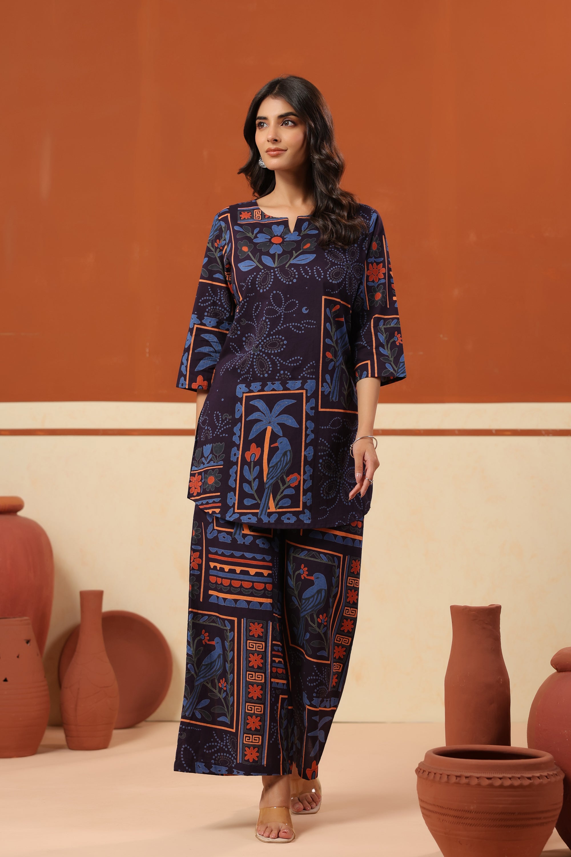 Midnight Blue Bird Story Printed Cotton Top Pant Co-ord Set