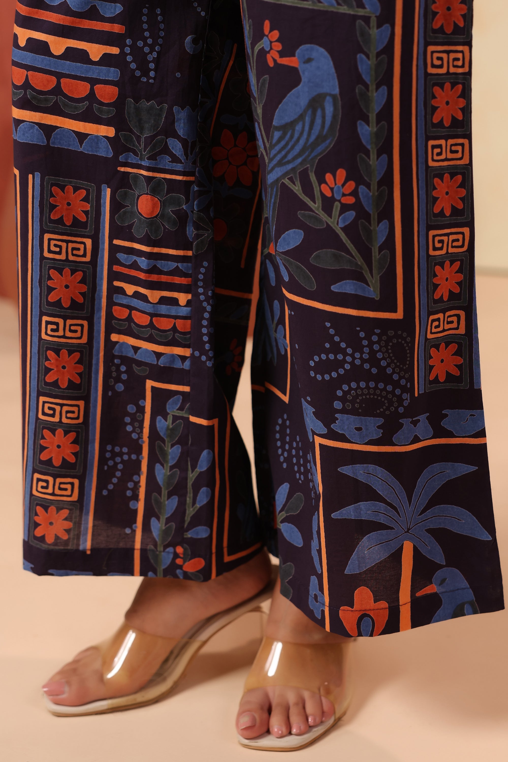 Midnight Blue Bird Story Printed Cotton Top Pant Co-ord Set