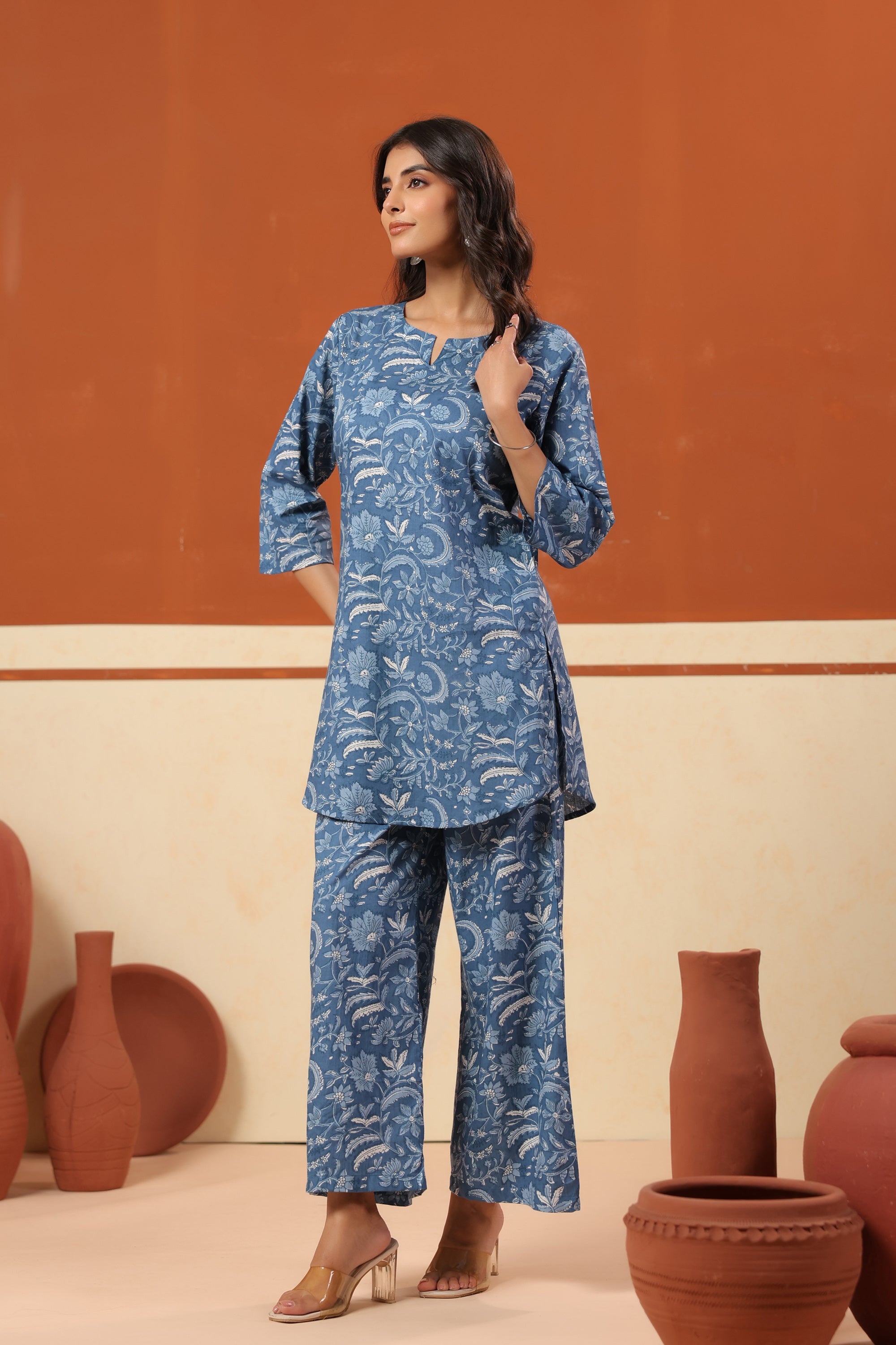 Blue Floral Jaal Printed Straight Cotton Co-ord Set
