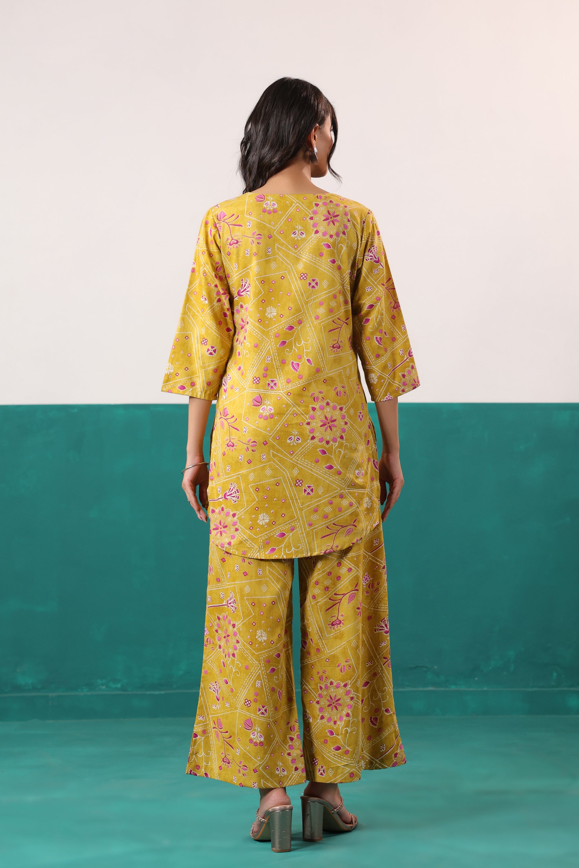 Yellow Bandhani-Inspired Floral Printed Cotton Co-ord Set