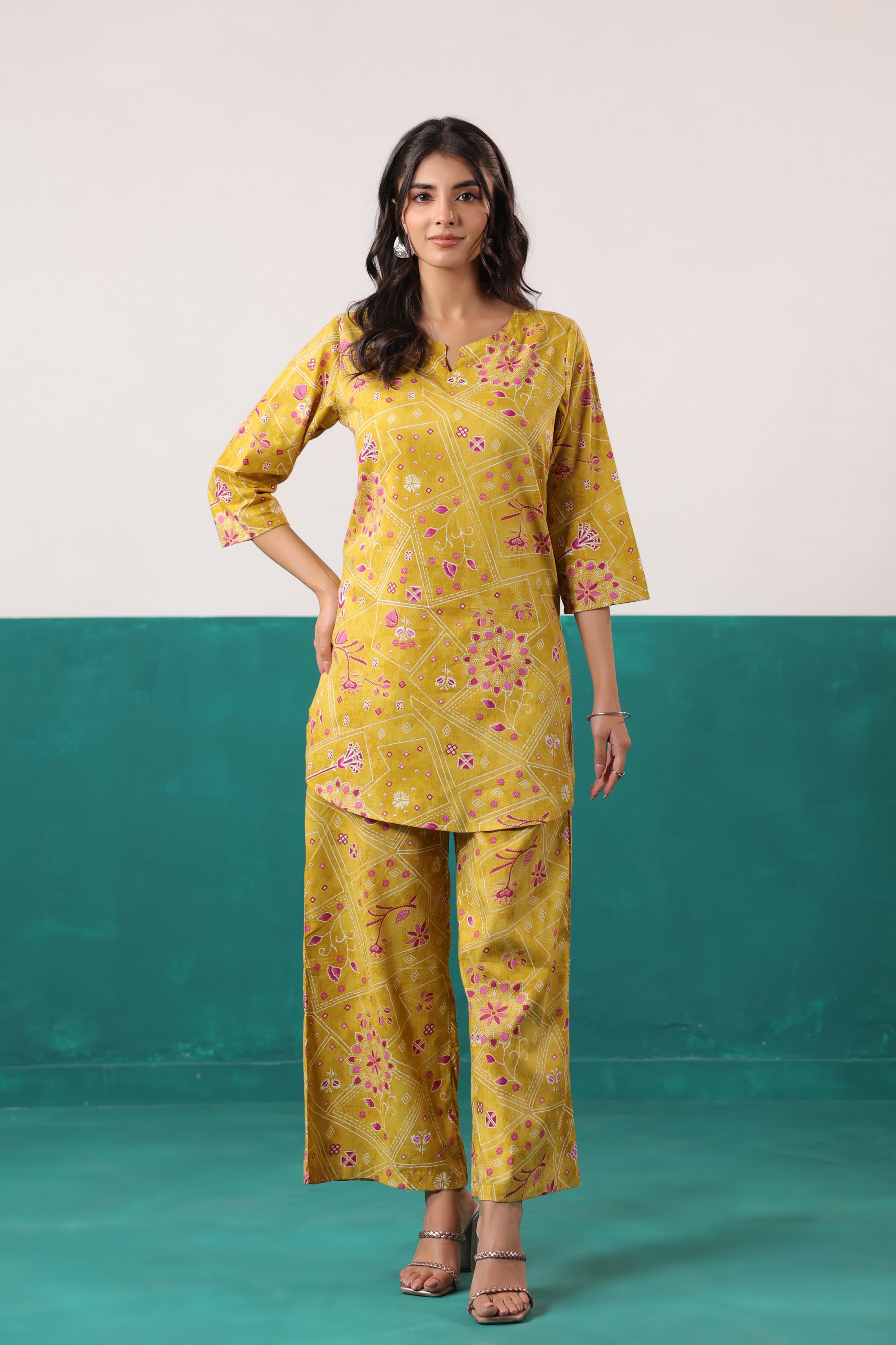 Yellow Bandhani-Inspired Floral Printed Cotton Co-ord Set