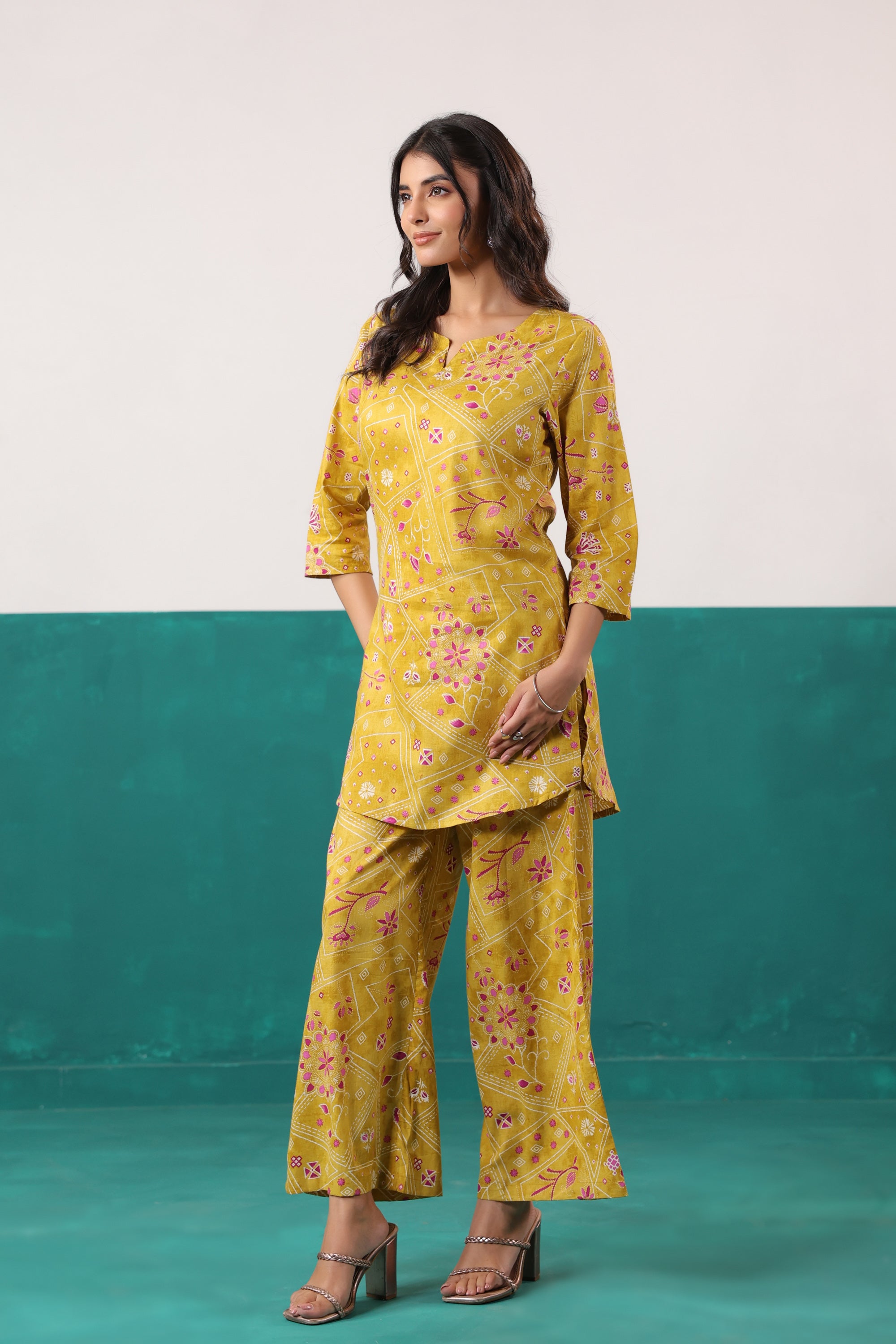 Yellow Bandhani-Inspired Floral Printed Cotton Co-ord Set
