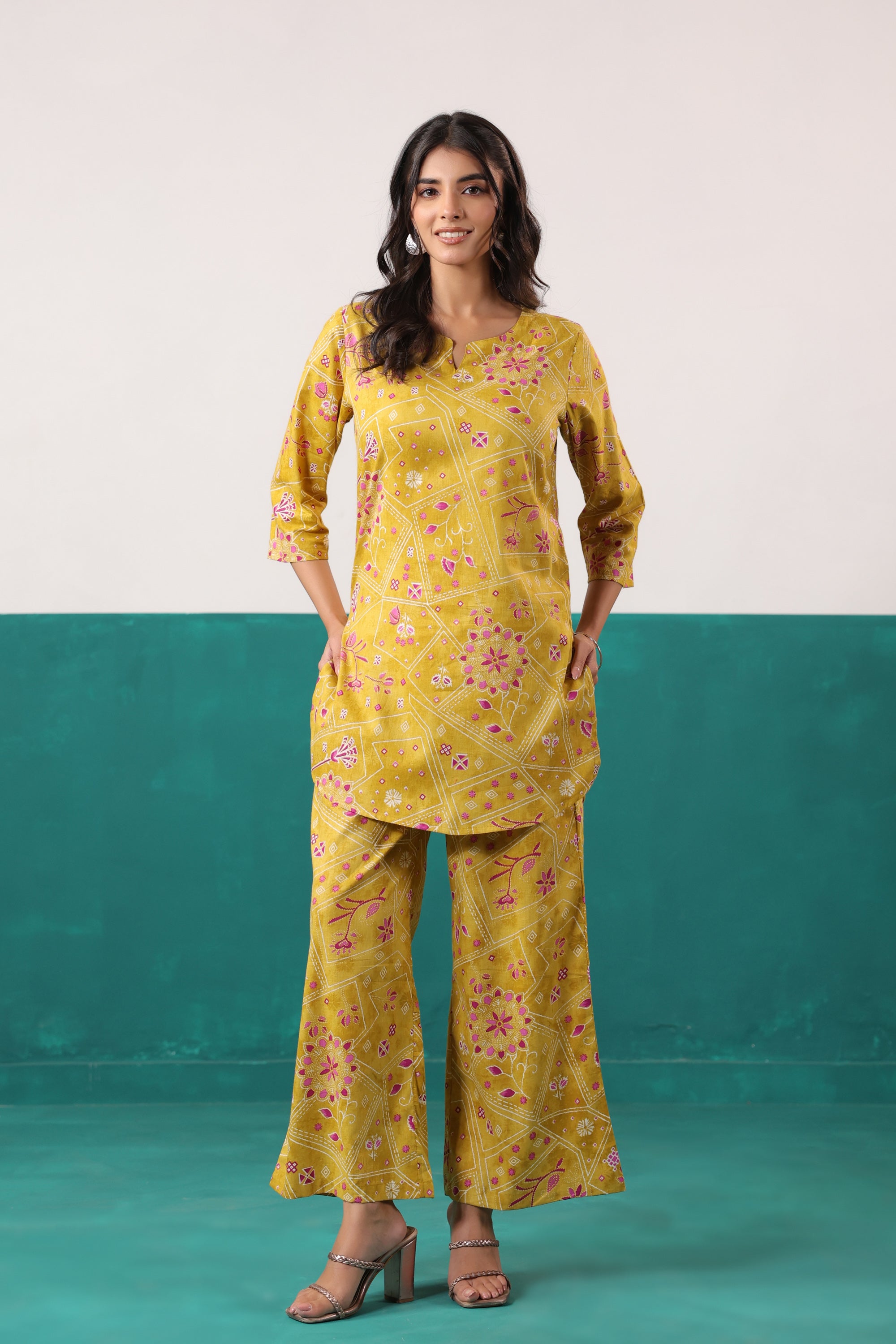 Yellow Bandhani-Inspired Floral Printed Cotton Co-ord Set