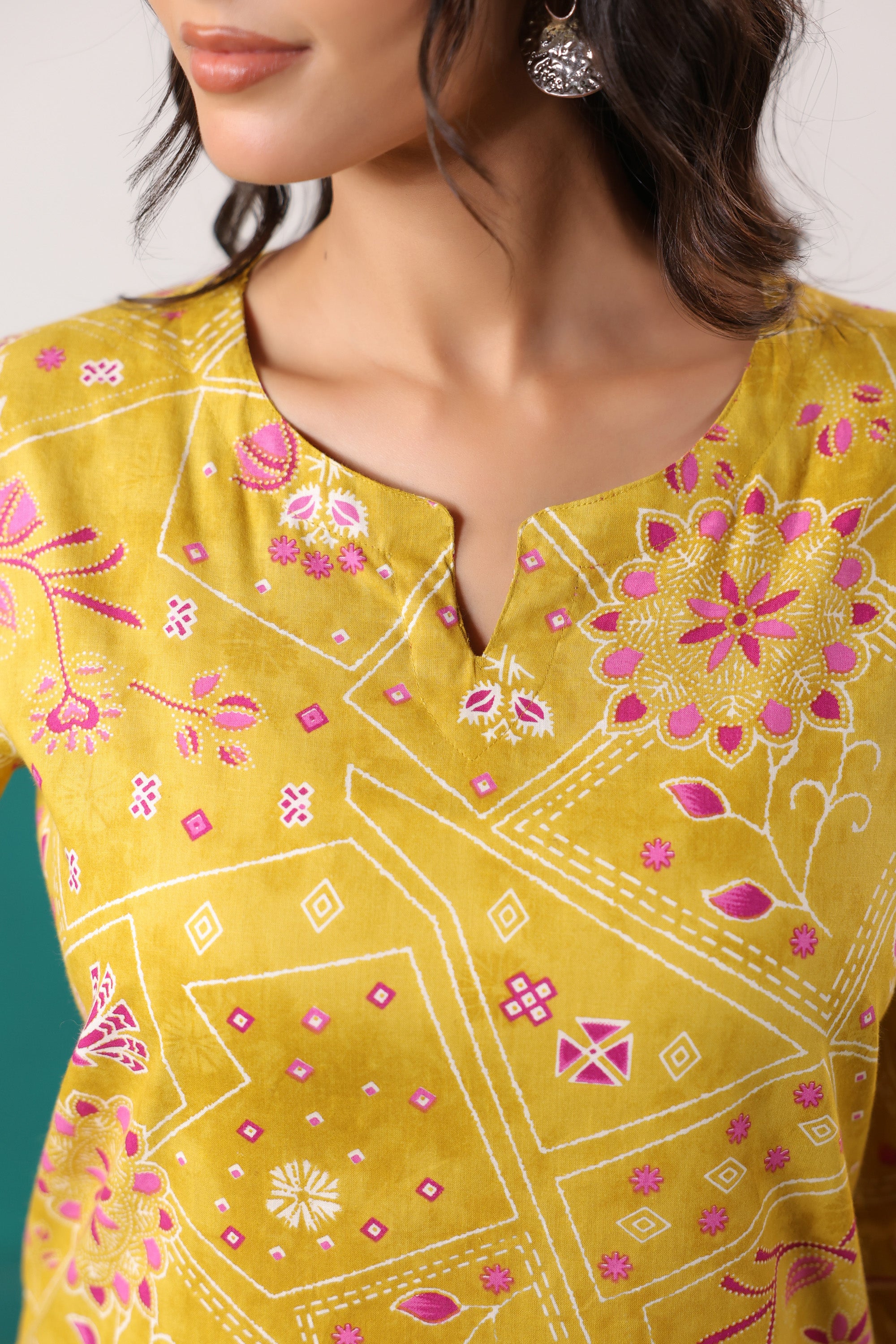Yellow Bandhani-Inspired Floral Printed Cotton Co-ord Set