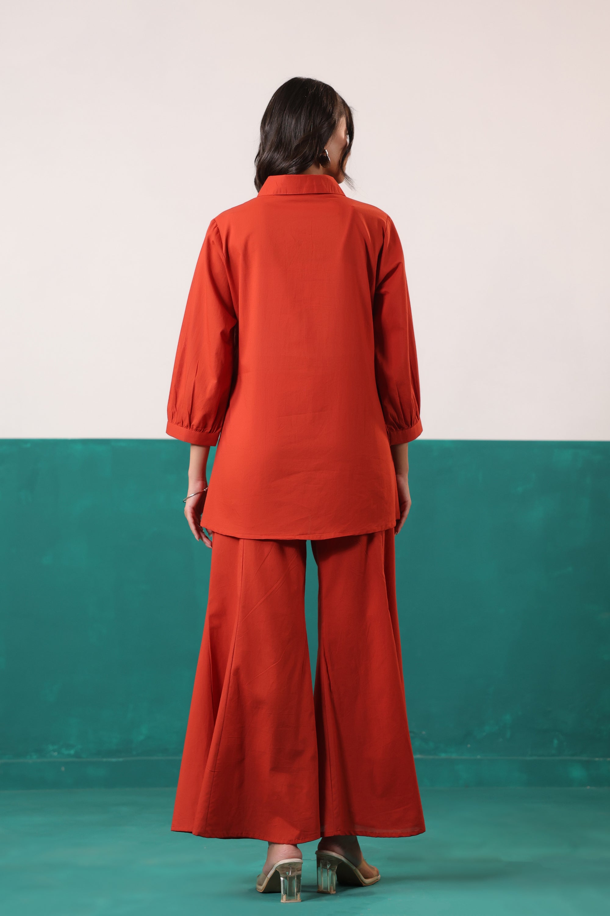 Rust Tulip Placement Embroidered Shirt Palazzo Cotton Co-ord Set