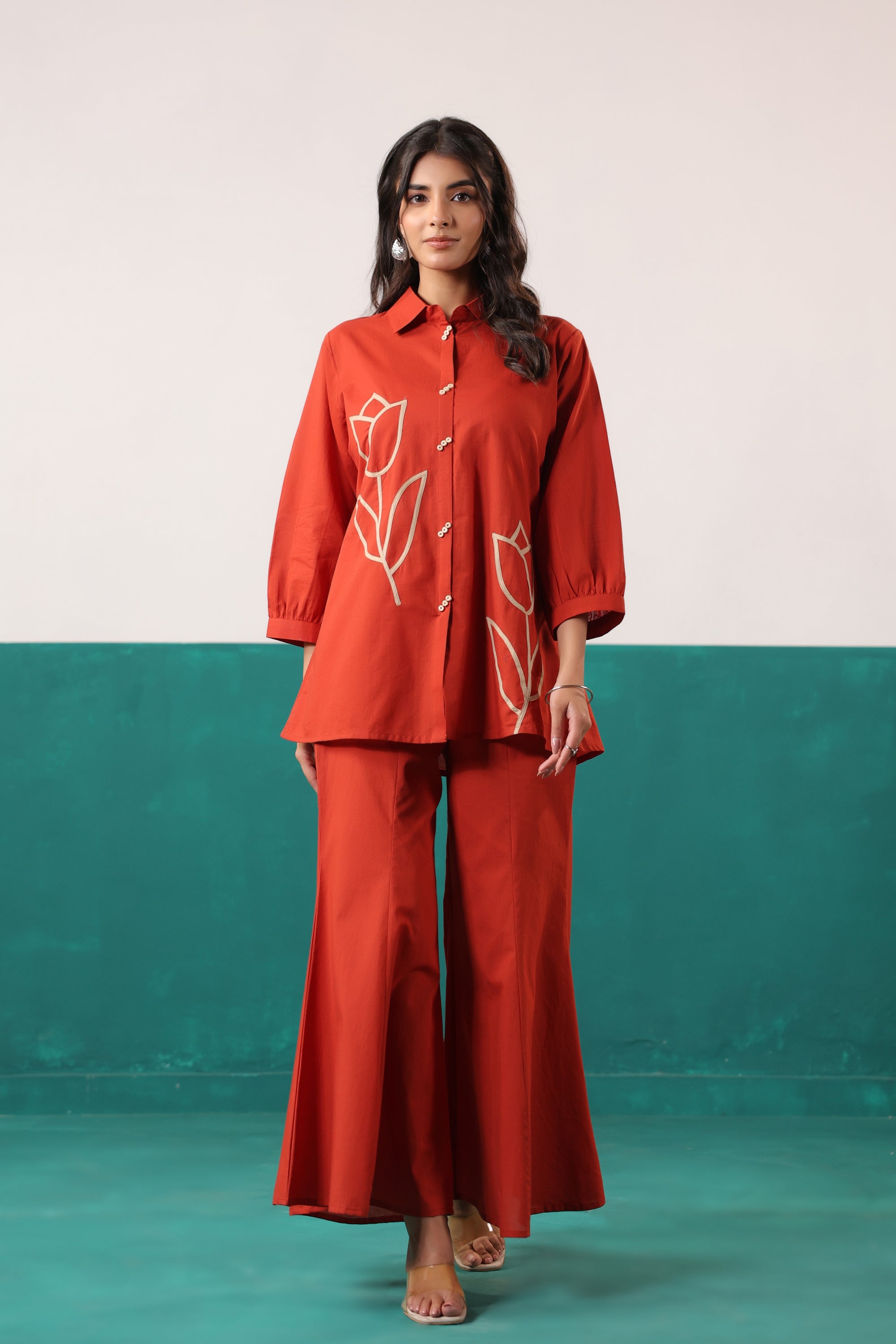 Rust Tulip Placement Embroidered Shirt Palazzo Cotton Co-ord Set