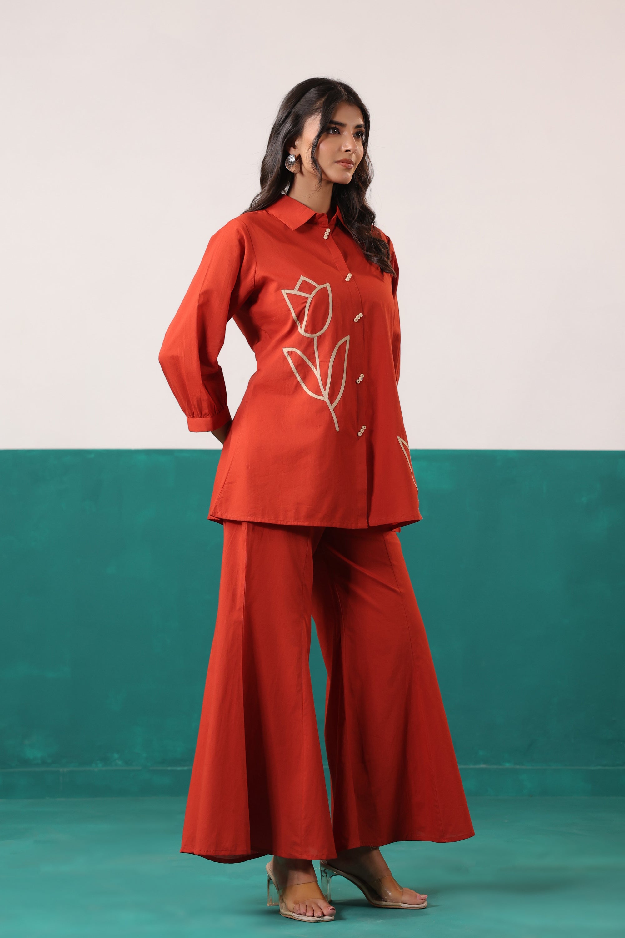 Rust Tulip Placement Embroidered Shirt Palazzo Cotton Co-ord Set