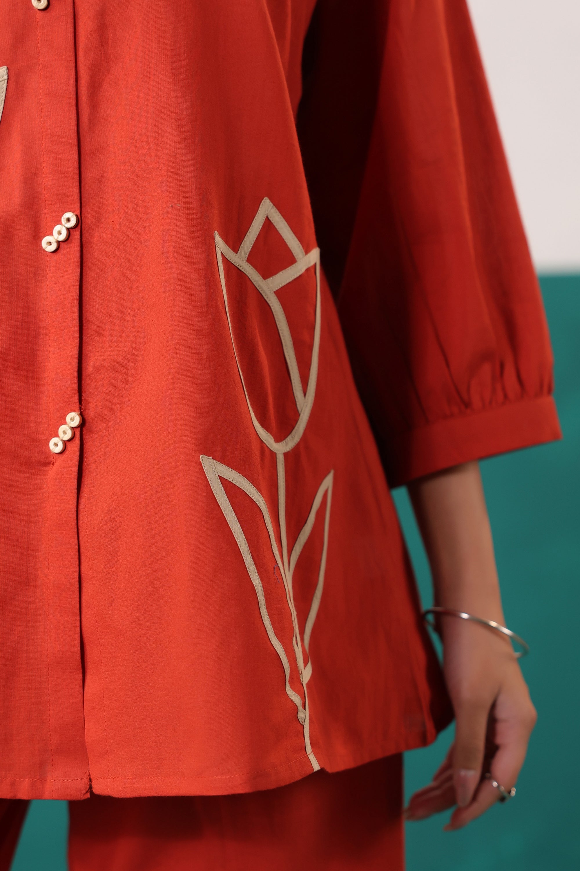 Rust Tulip Placement Embroidered Shirt Palazzo Cotton Co-ord Set