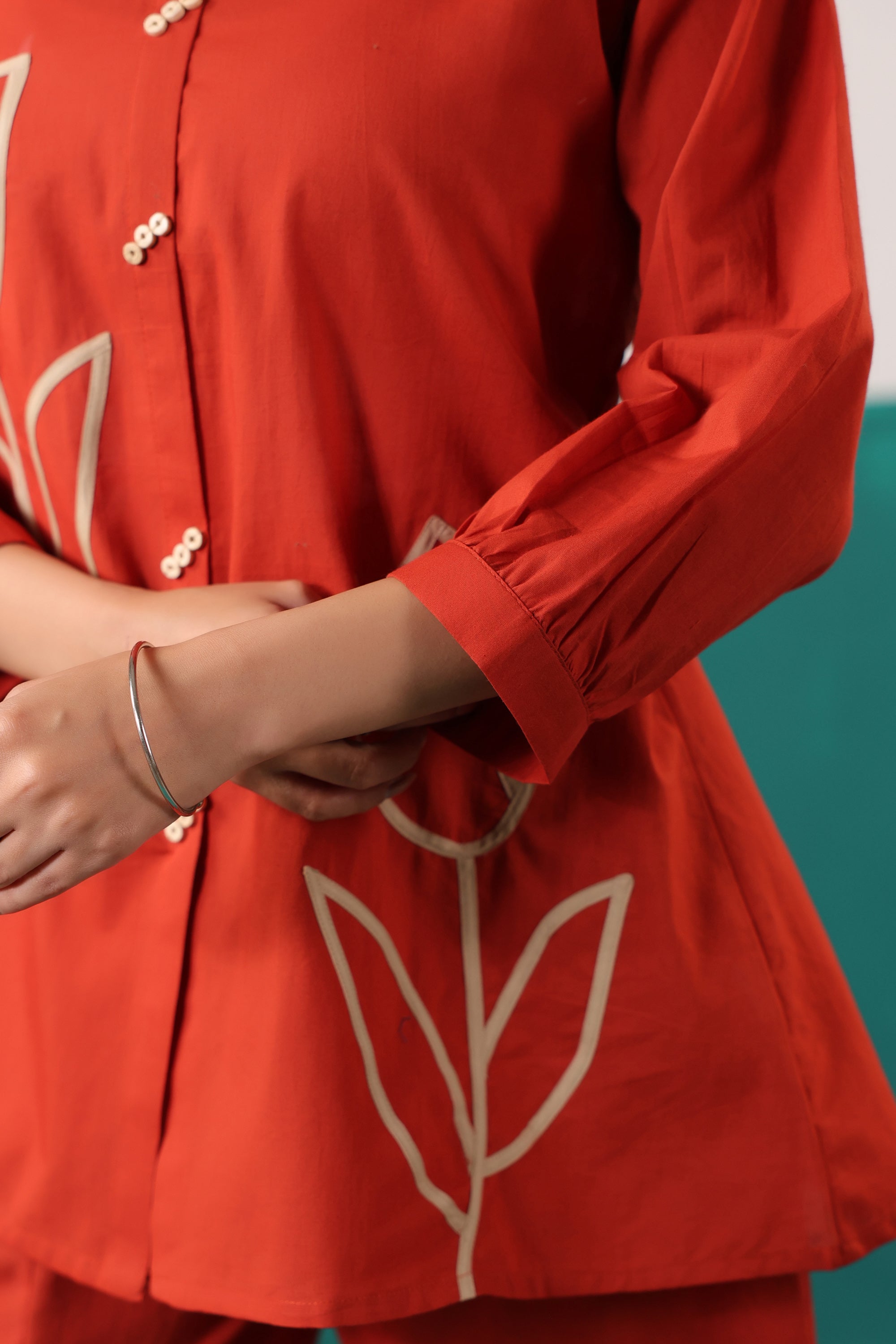 Rust Tulip Placement Embroidered Shirt Palazzo Cotton Co-ord Set