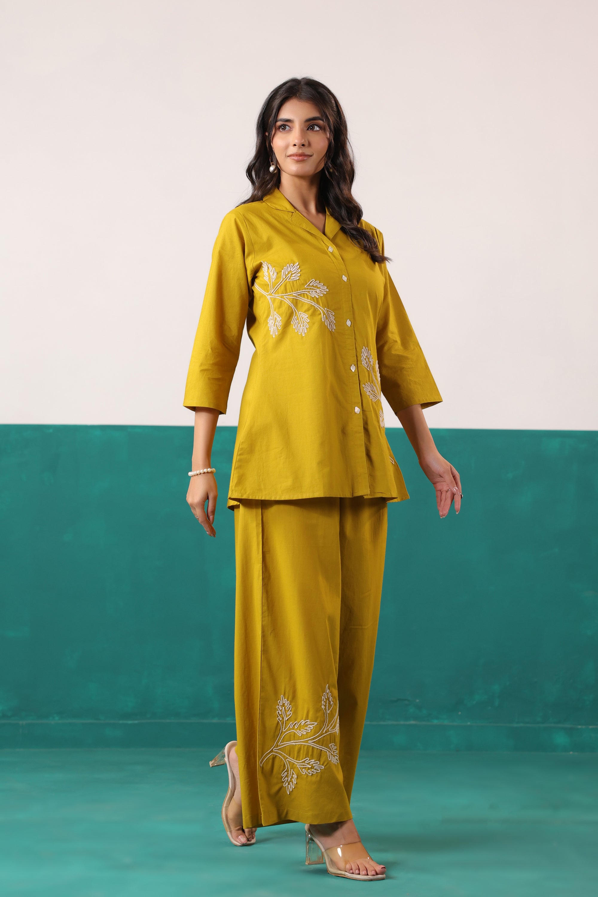 Mustard Ochre Leaf Motif Embroidered Top Palazzo Cotton Co-ord Set
