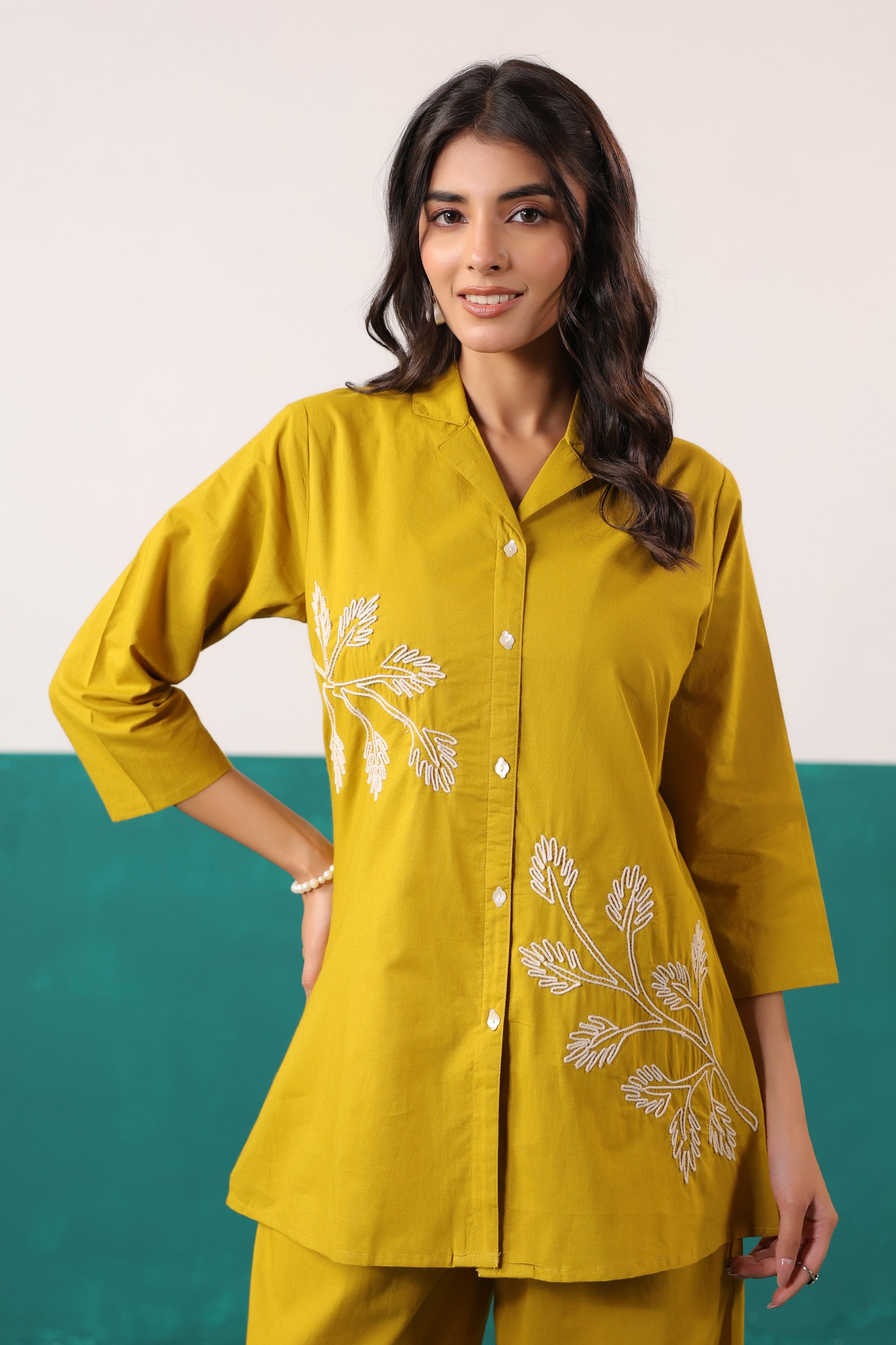 Mustard Ochre Leaf Motif Embroidered Top Palazzo Cotton Co-ord Set