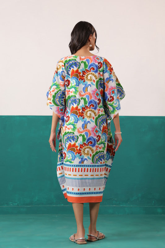 Multicolor Floral Printed Cotton Tassel Tie-Up Kaftan Dress