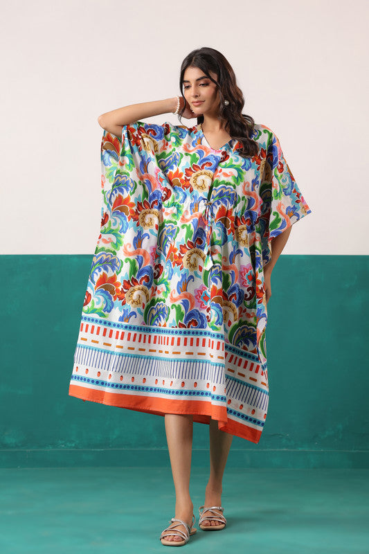 kaftan cotton dresses AMIRA PRINTED MIDI DRESS BLUE/GREEN-VACAESS / one size 51 inches long from neck to bottom hem Multicoloured Floral Printed Cotton Tassel