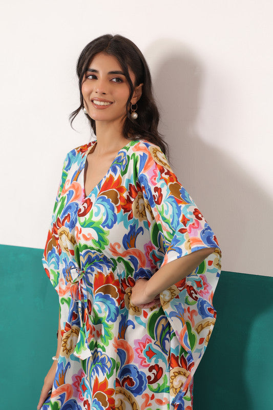 Multicolor Floral Printed Cotton Tassel Tie-Up Kaftan Dress