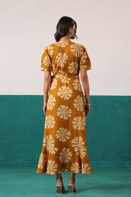 Mustard Sunflower Bloom Printed Cotton Tie-Up Wrap Dress