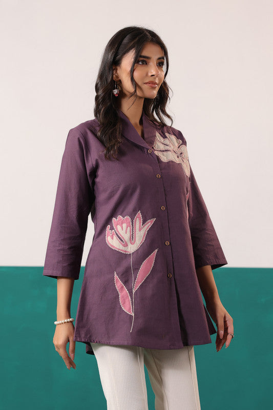 Plum Purple Floral Embroidered Button-Down Cotton Flex Shirt Top