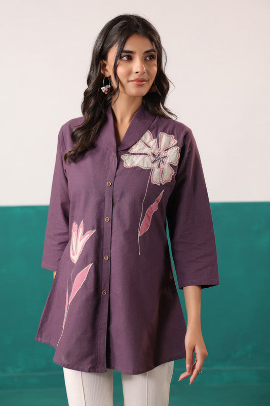 Plum Purple Floral Embroidered Button-Down Cotton Flex Shirt Top