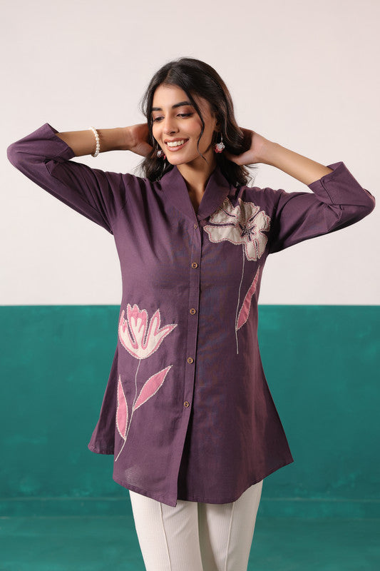 Plum Purple Floral Embroidered Button-Down Cotton Flex Shirt Top