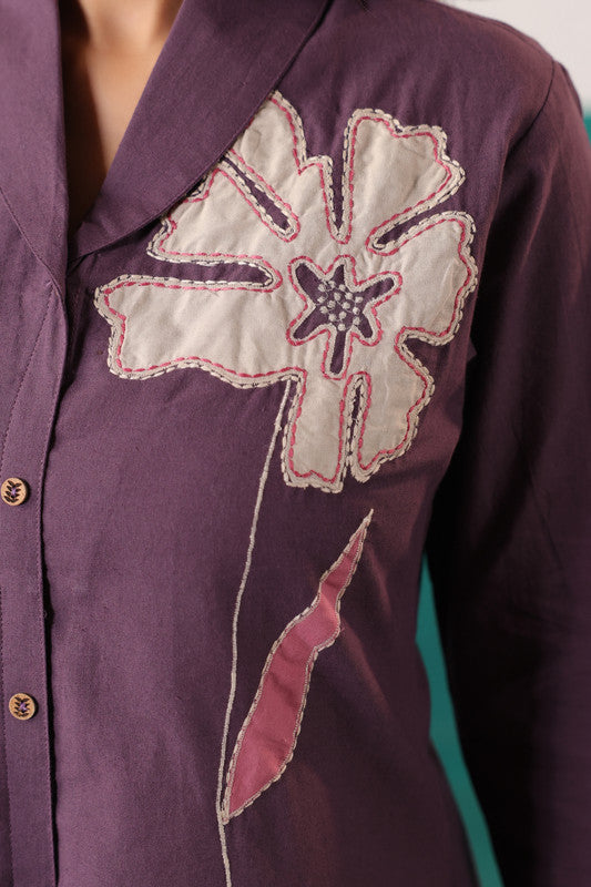 Plum Purple Floral Embroidered Button-Down Cotton Flex Shirt Top