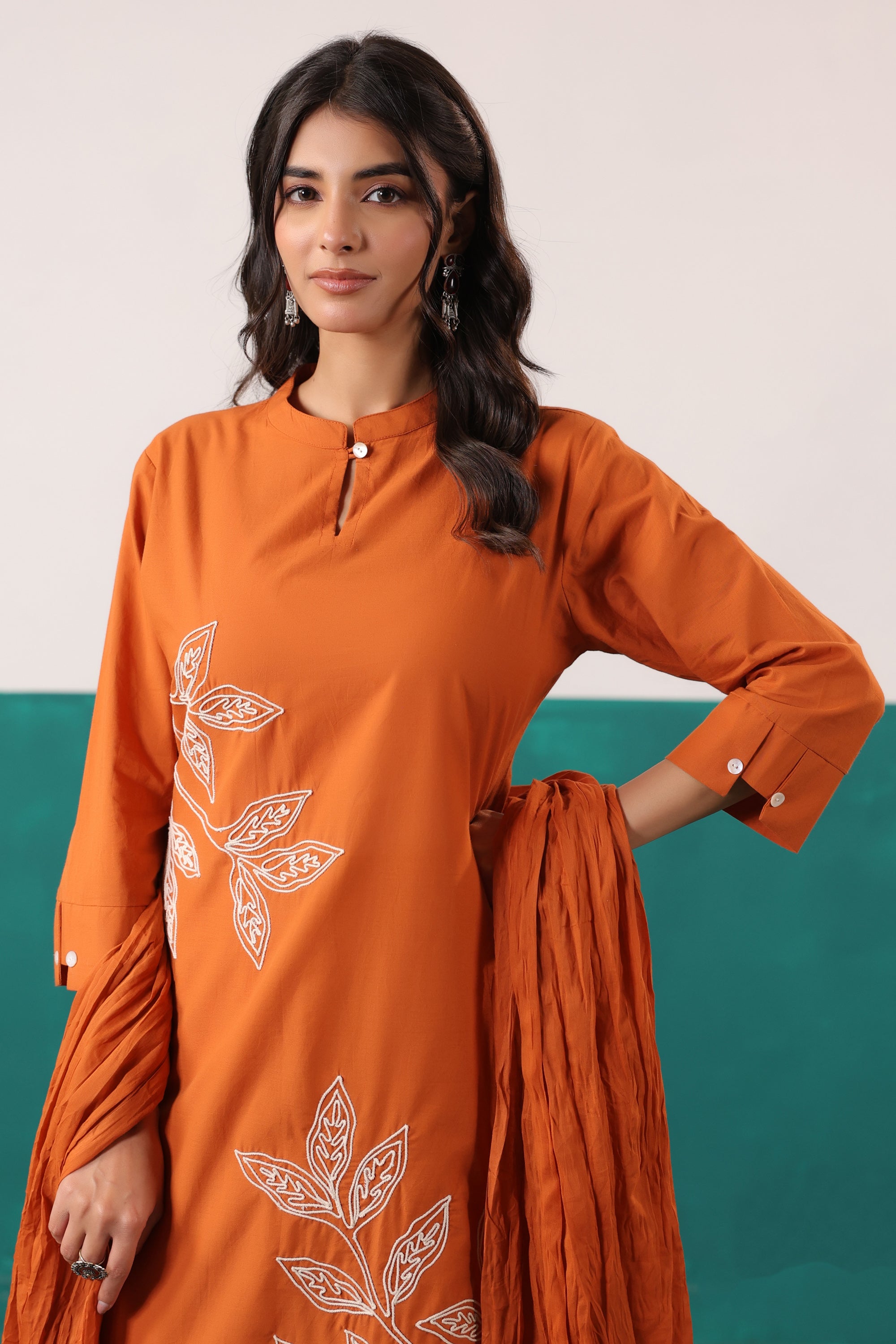 Rust Thread Work Embroidered Cotton Ethnic Kurta Set with Crushed Dupatta