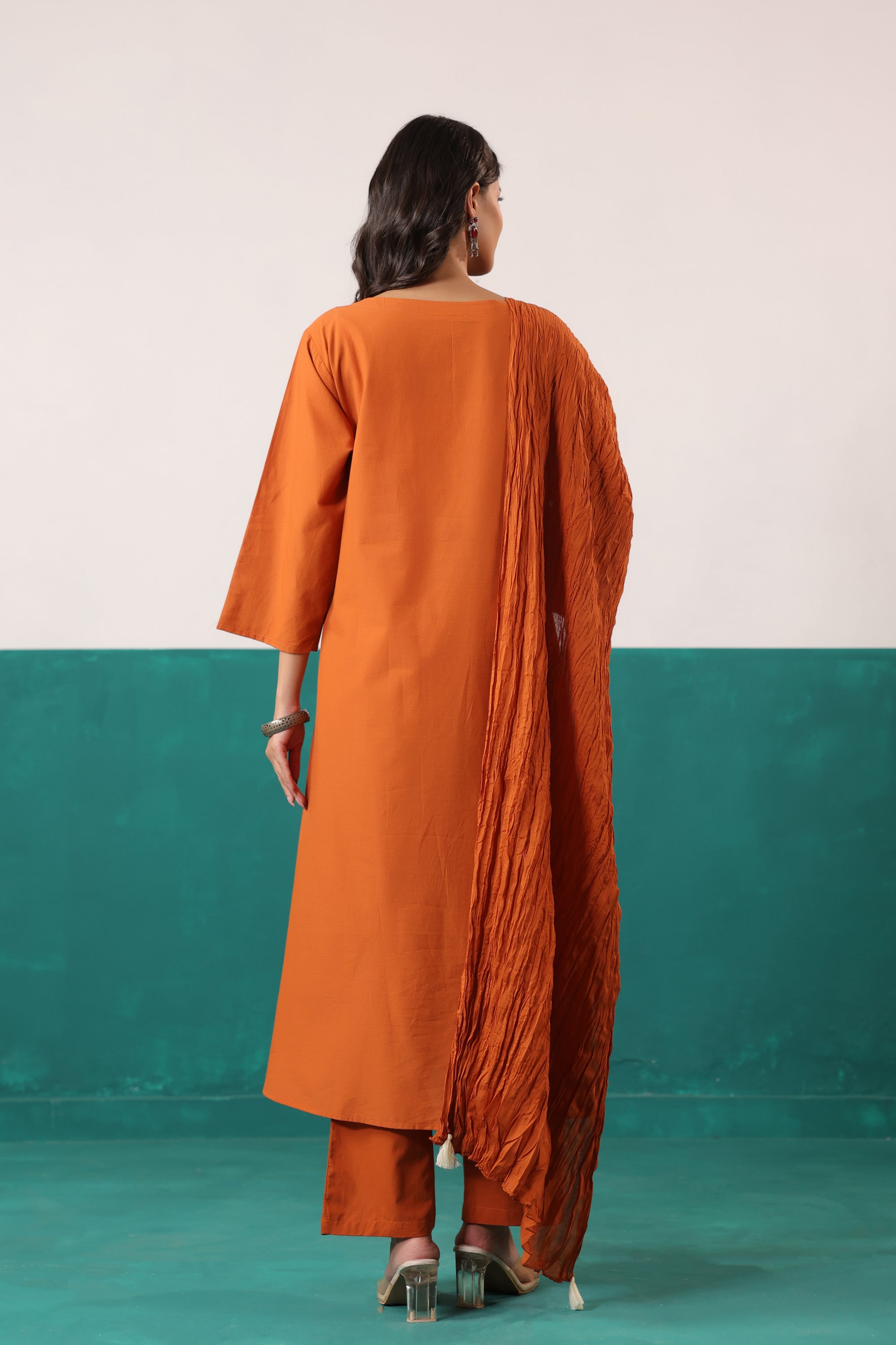 Rust Floral Embroidered Cotton Handwork Kurta Pant with Dupatta