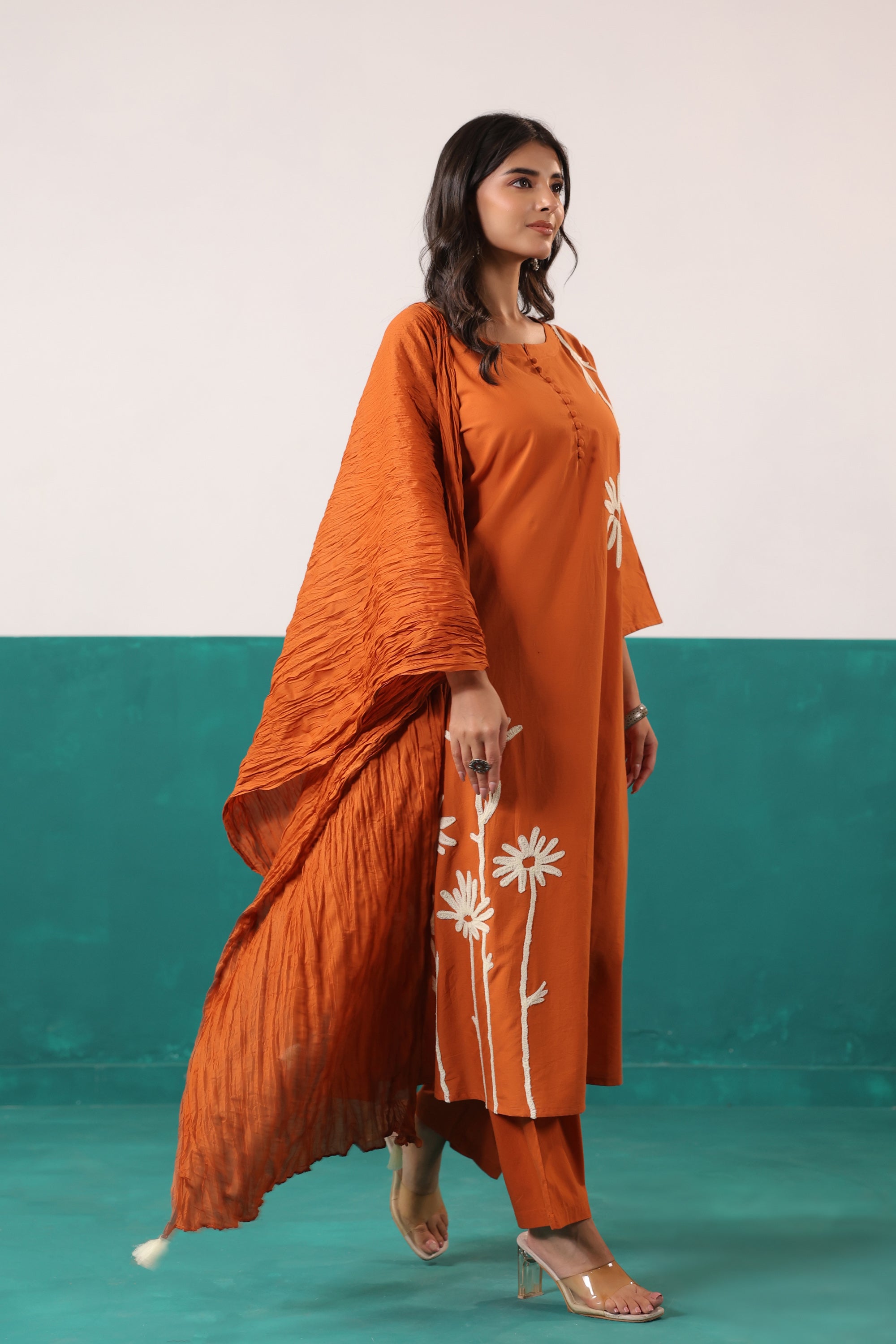 Rust Floral Embroidered Cotton Handwork Kurta Pant with Dupatta