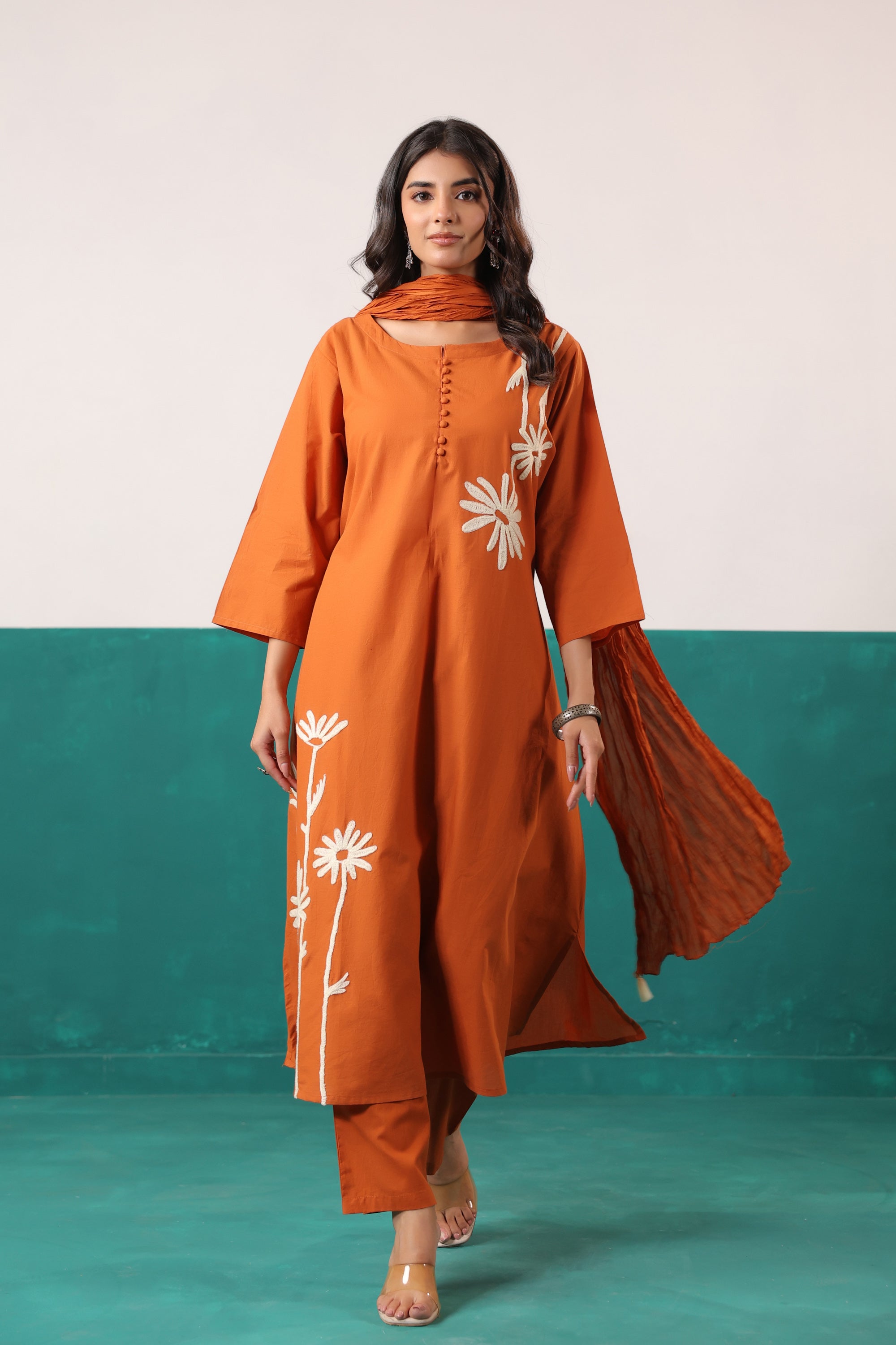 Rust Floral Embroidered Cotton Handwork Kurta Pant with Dupatta