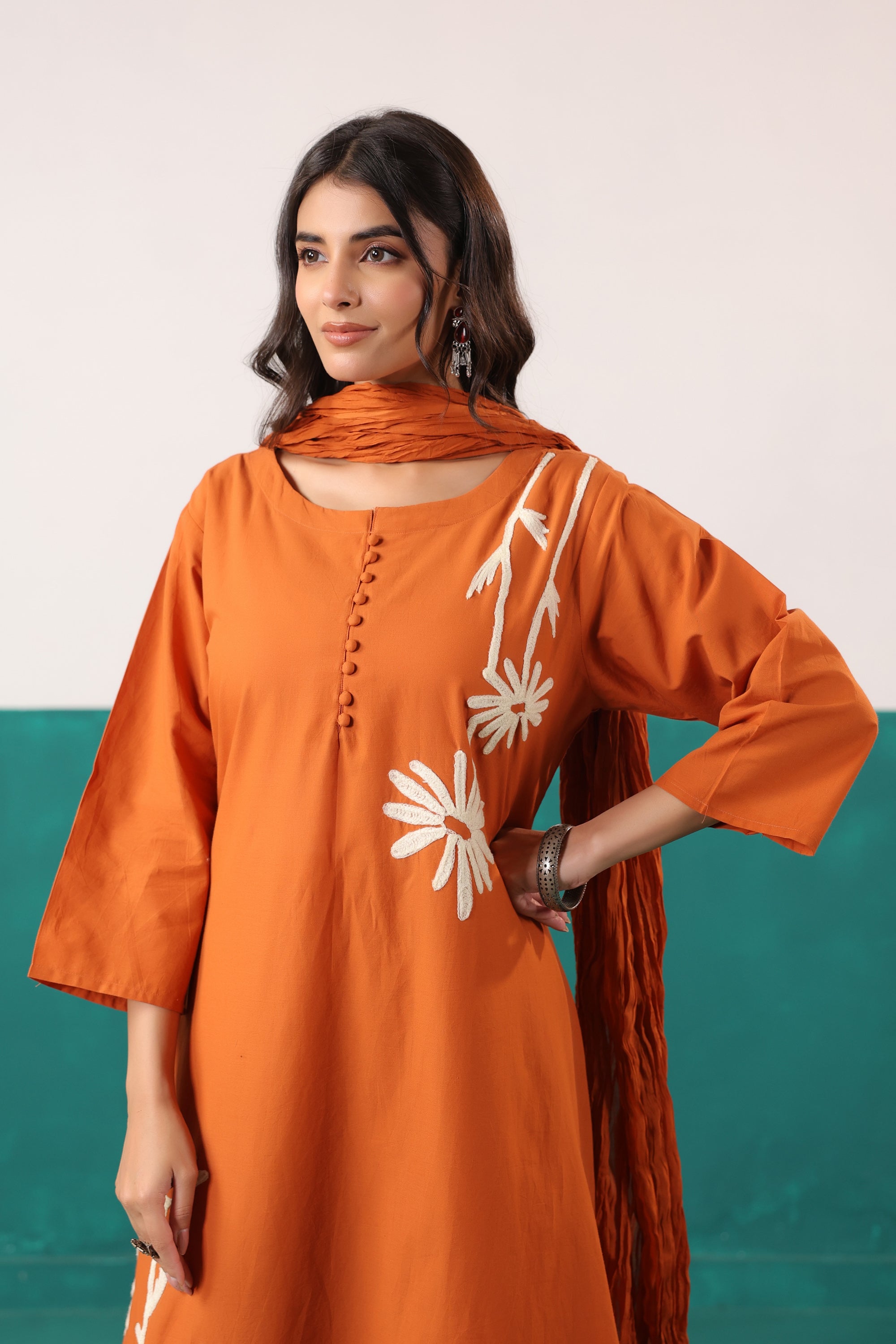 Rust Floral Embroidered Cotton Handwork Kurta Pant with Dupatta
