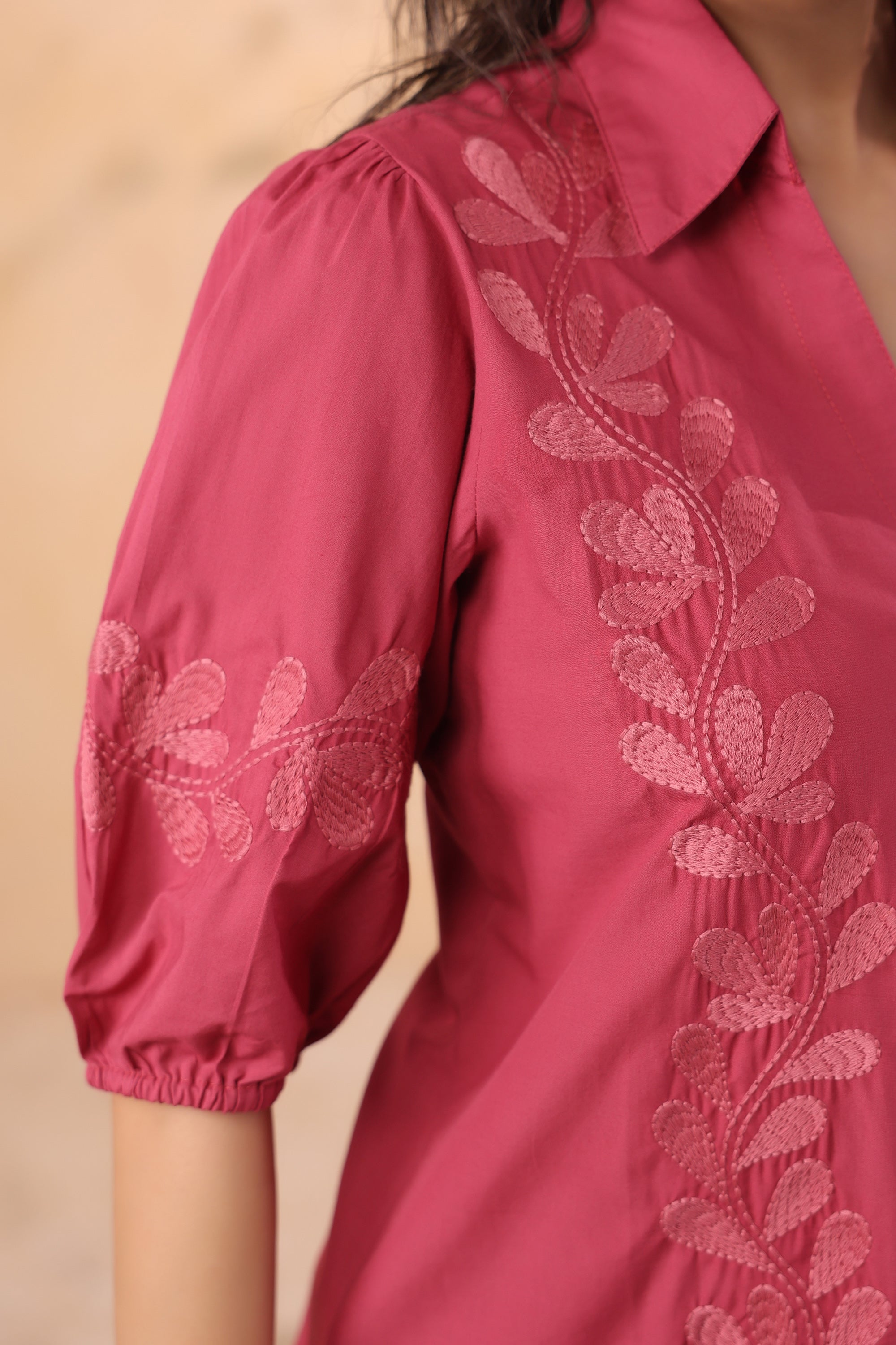 Pink Leaf Printed Designer Cotton Co-ord Set with Puff Sleeves