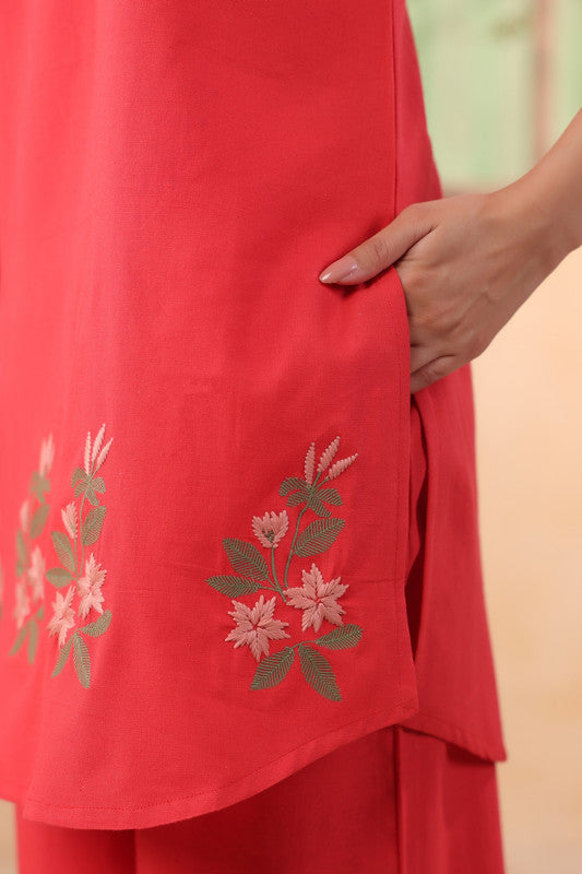 Coral Red Minimal Floral Embroidered Cotton Flex Co-ord Set