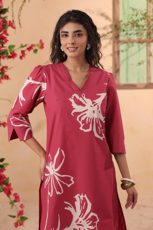 Rose Pink Elegant Floral Printed Cotton Co-ord Set