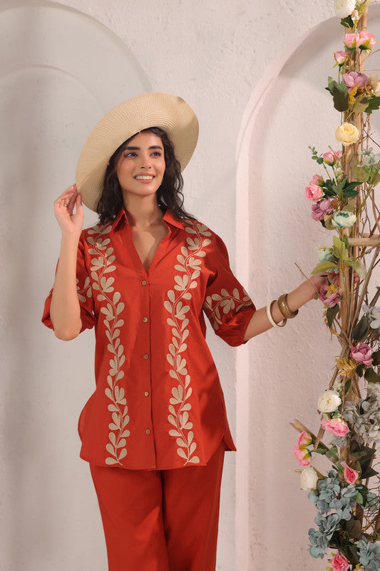 Rust Leaf Printed Cotton Co-ord Set with Puff Sleeves