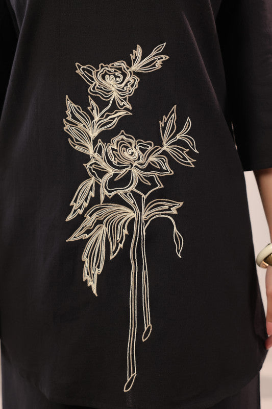 Black Designer Floral Embroidered Cotton Flex Co-ord Set
