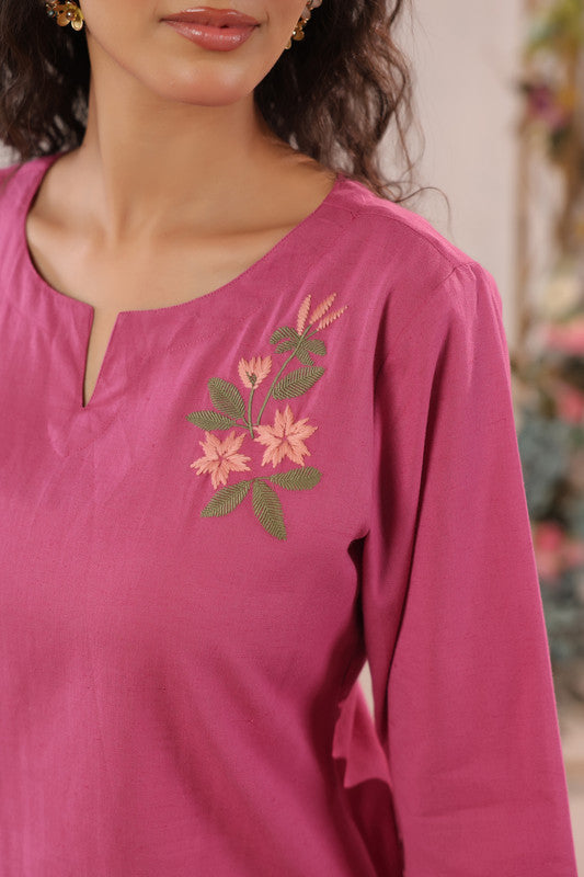 Rose Pink Floral Embroidered Cotton Flex Co-ord Set