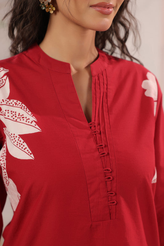 Red Floral Printed Cotton Co-ord Set with Matching Pants