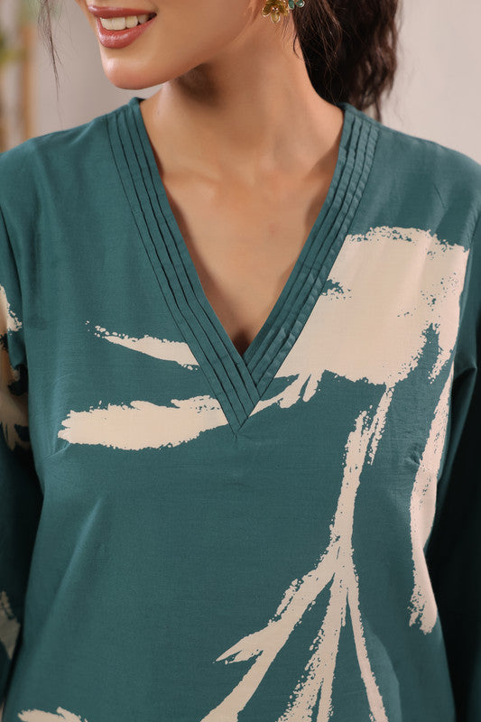 Teal Abstract Floral Printed Cotton Co-ord Set