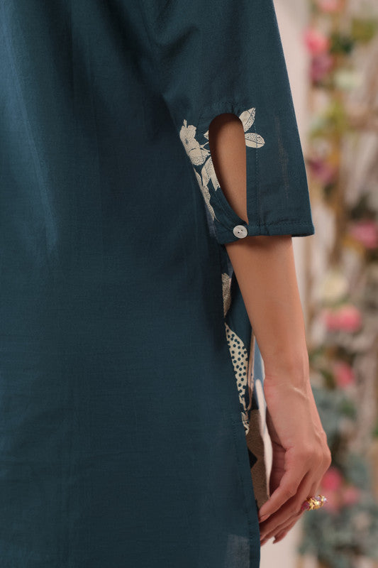 Teal Elegant Floral Printed Cotton Co-ord Set