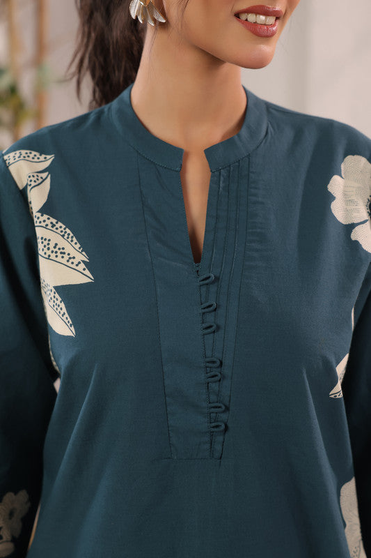 Teal Elegant Floral Printed Cotton Co-ord Set