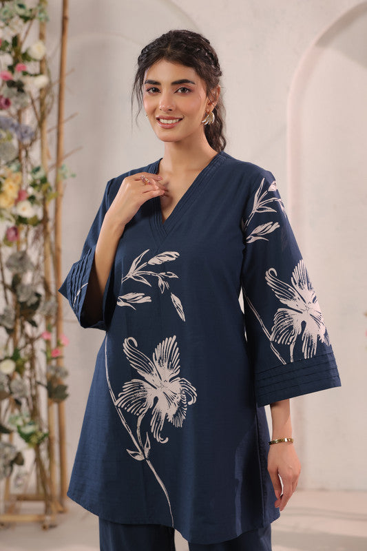 Navy Blue Designer Floral Printed Cotton Co-ord Set