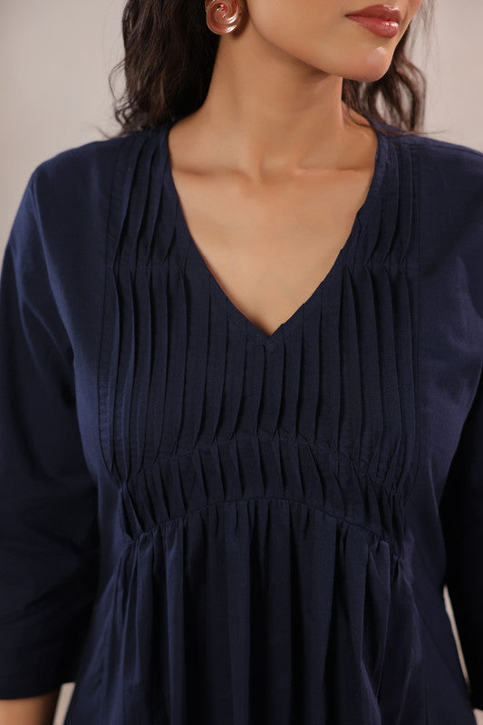 Navy Blue Solid Pintuck A-Line Cotton Kurta with Straight Pants